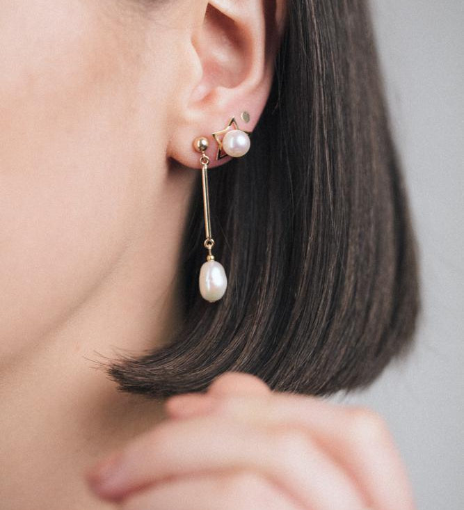 Star & Pearl Stud Earrings - 18kt Gold