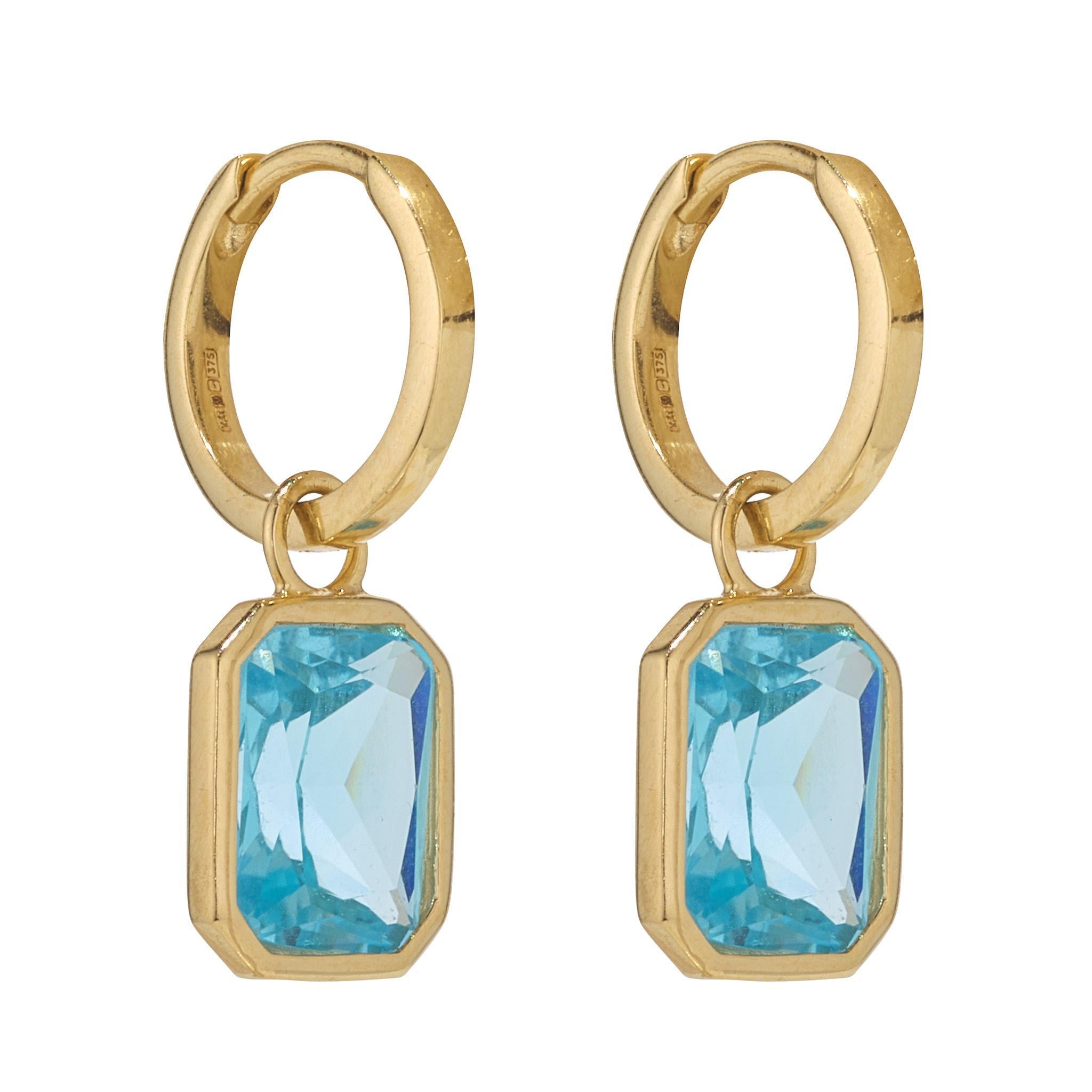9kt Gold hoop earrings with sky blue topaz gem drops