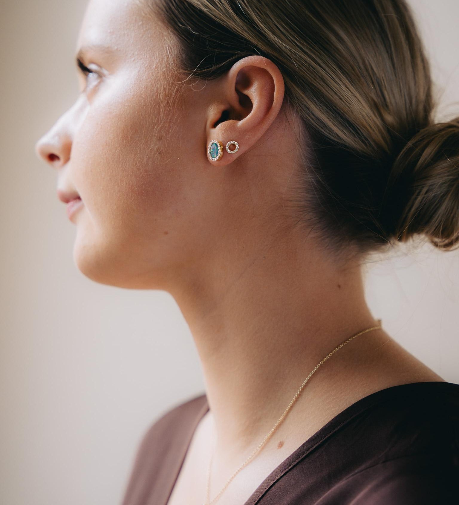Oval Opal & Diamond Stud Earrings in 18kt Yellow Gold - 'Night Sky Collection'