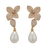 Gold Plated Cubic Zirconia Small Pearl Floral Drop Earrings