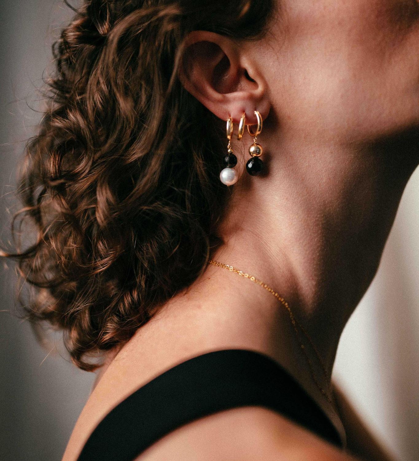 Gold Filled Pearl & Black Agate Clip Hoop Earrings