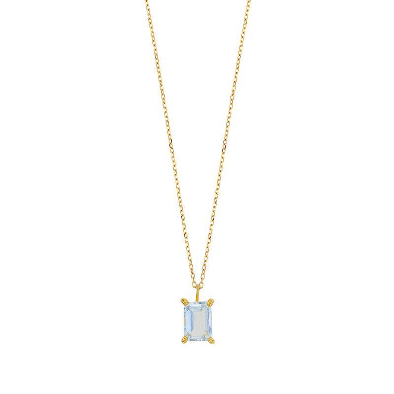 AN 18kt Gold pendant necklace with a step cut aquamarine in a rectangular setting.