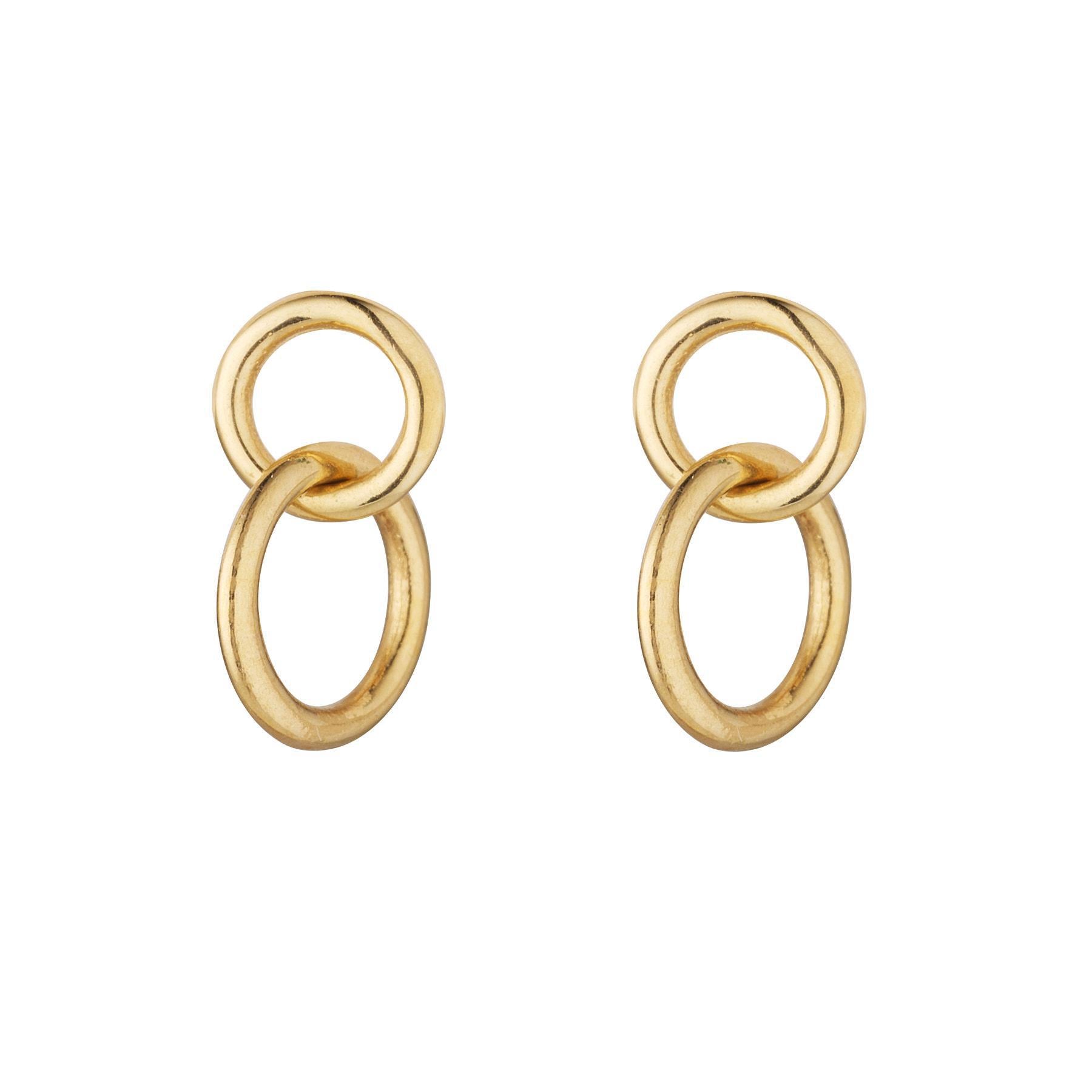 A pair of 9kt gold double circle drop earrings, featuring two interlocking gold circles hanging from the ear.