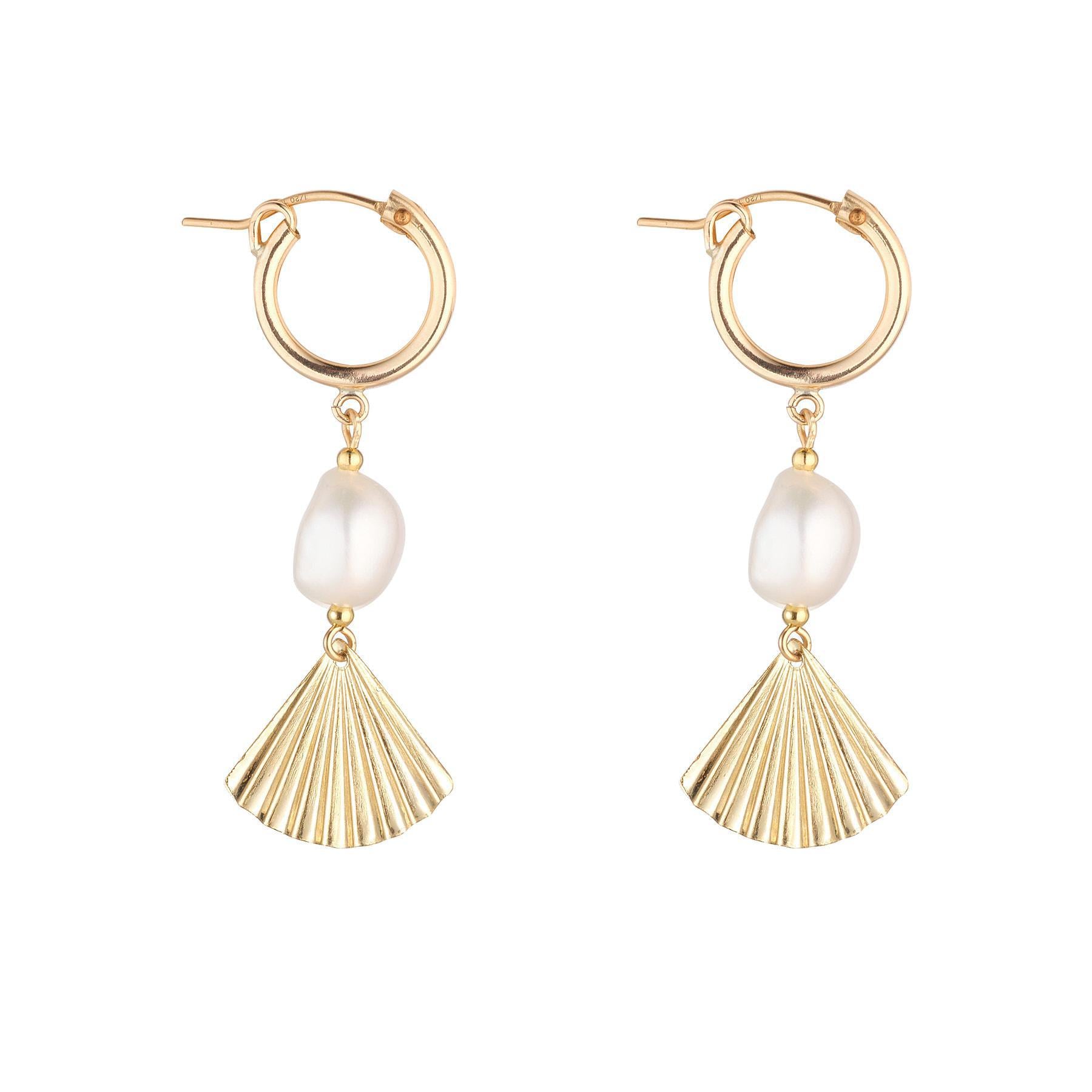 A pair of gold filled clip hoop earrings with baroque pearls and decorative fan attachments.