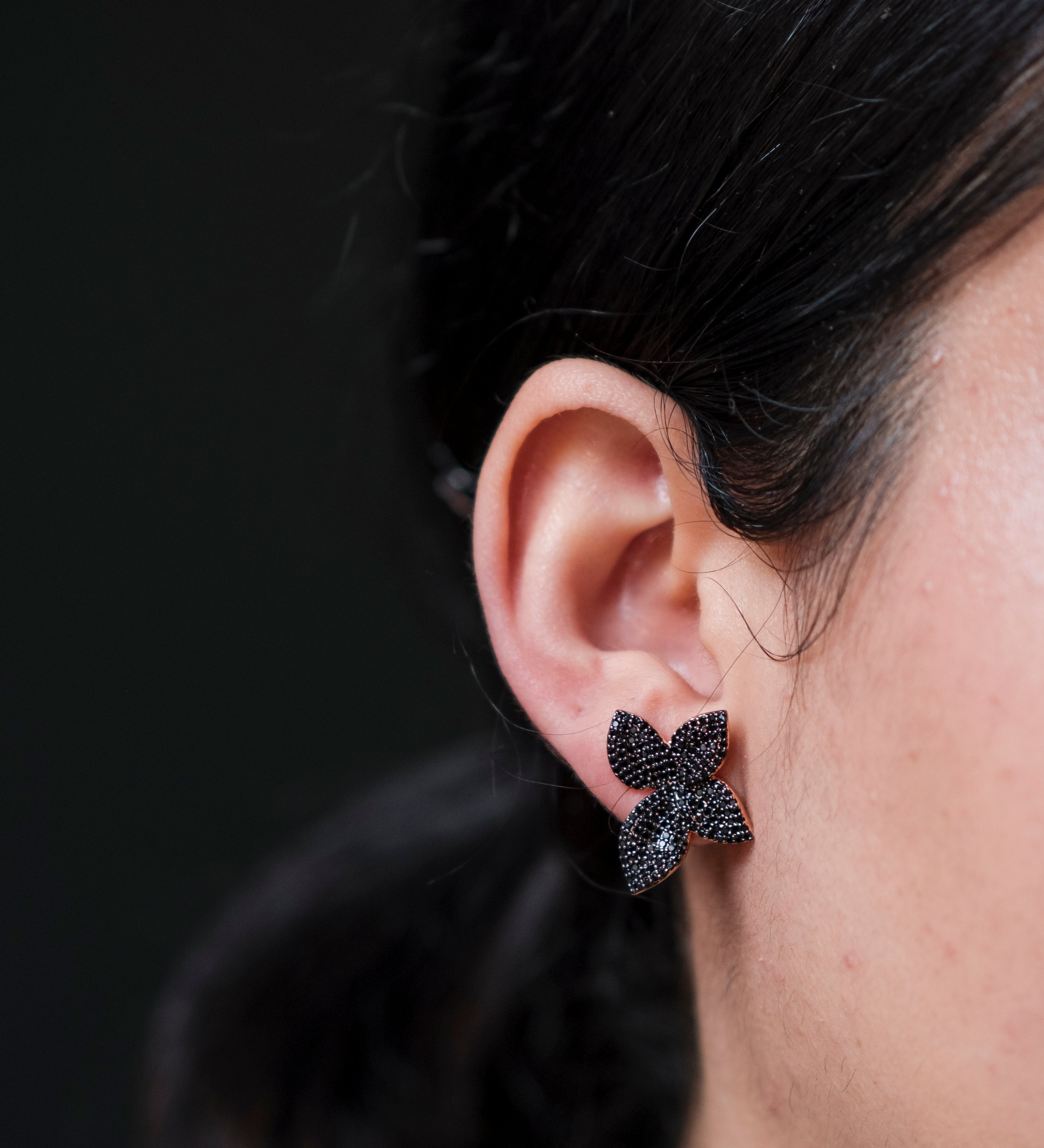Gold Plated Black Cubic Zirconia Small Floral Stud Earrings