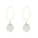 Pair of earrings with white crystal beads and gold hooks on a white background