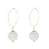 Pair of earrings with white crystal beads and gold hooks on a white background