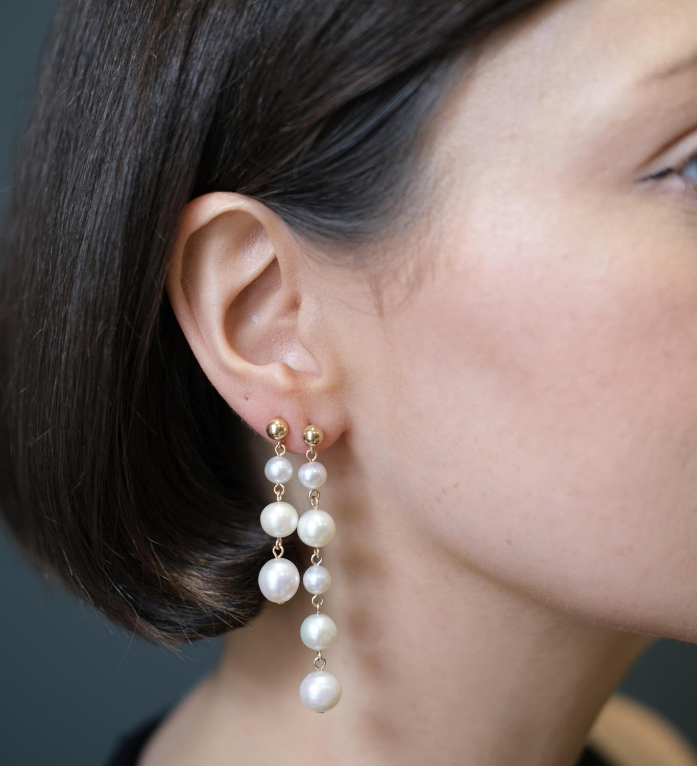 Gold Filled Five Round Pearls Drop Earrings