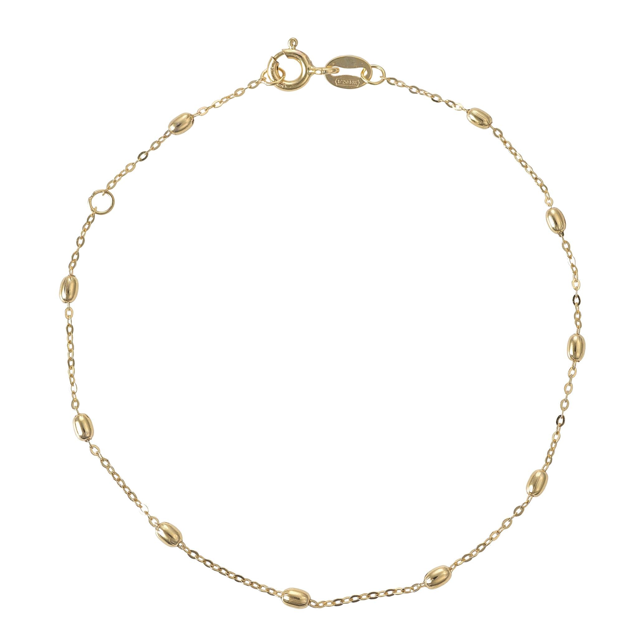 A gold-filled satellite bean bracelet with a length of 7 inches, featuring small gold-tone beads on a chain.
