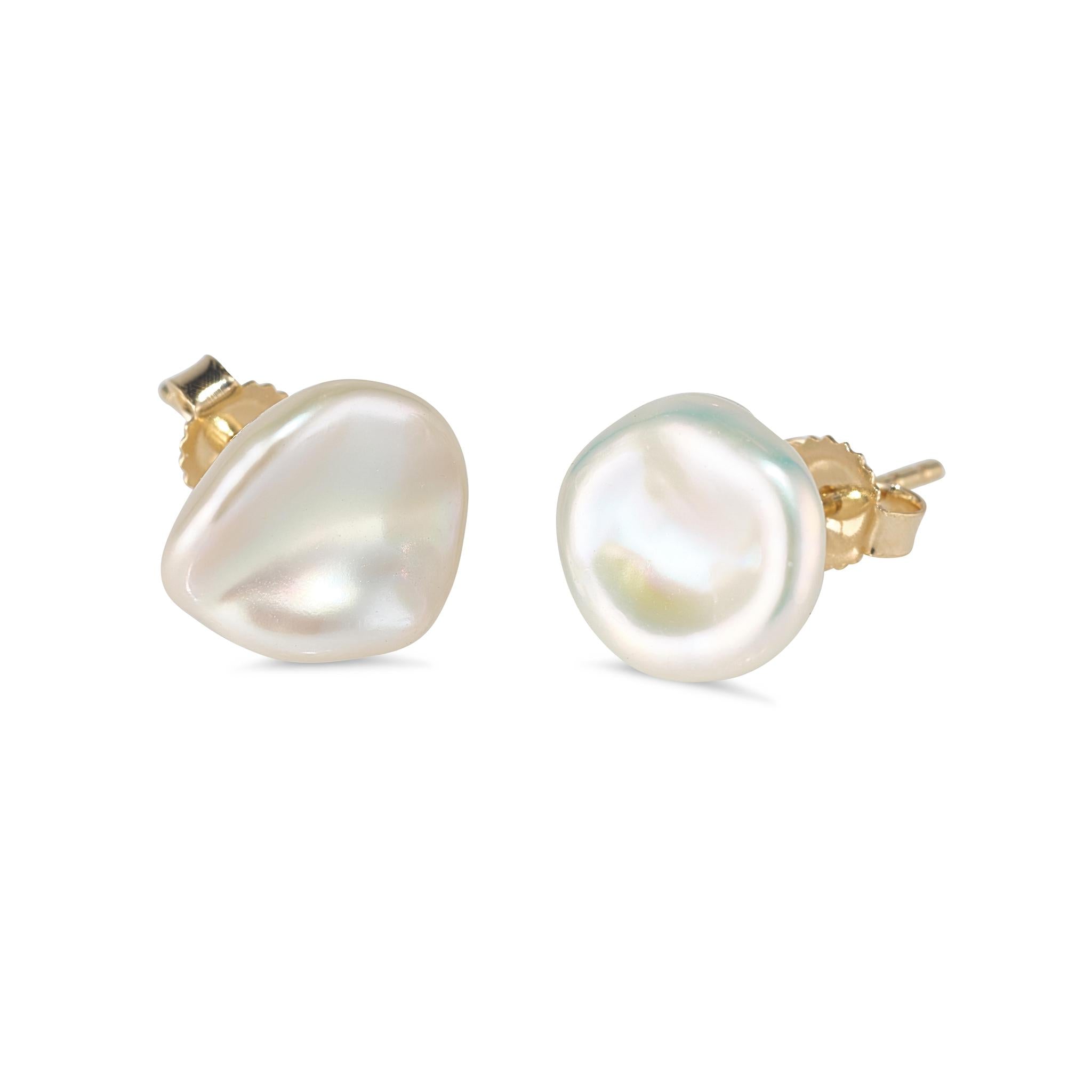A pair of 9kt yellow gold 9mm Keshi Freshwater Pearl Stud Earrings.