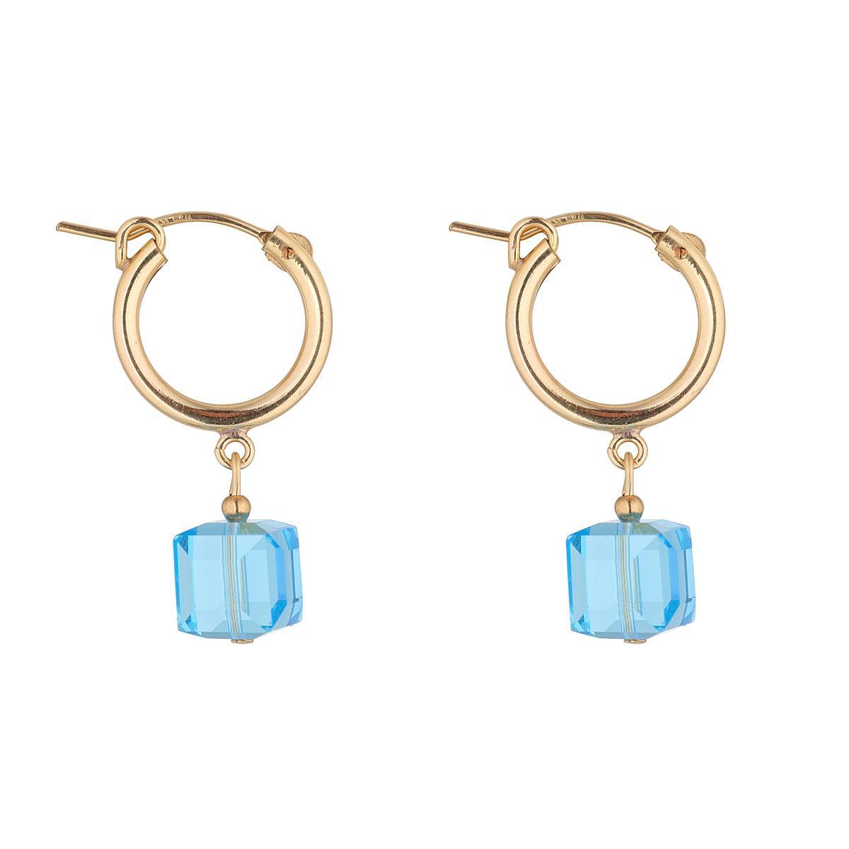 A pair of gold filled clip hoop earrings with blue crystal accents.
