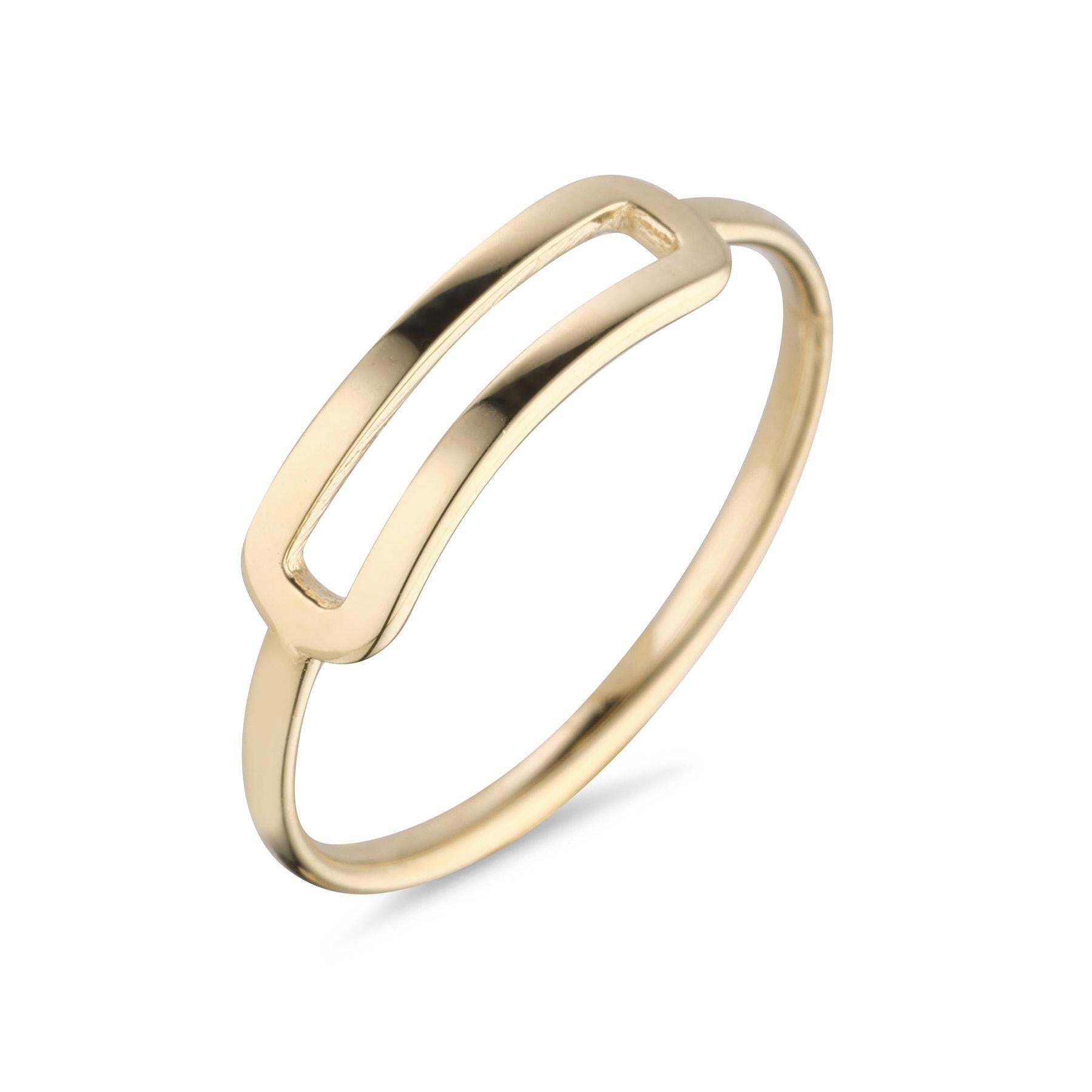 A simple 9kt gold open rectangle ring with a smooth, shiny finish.