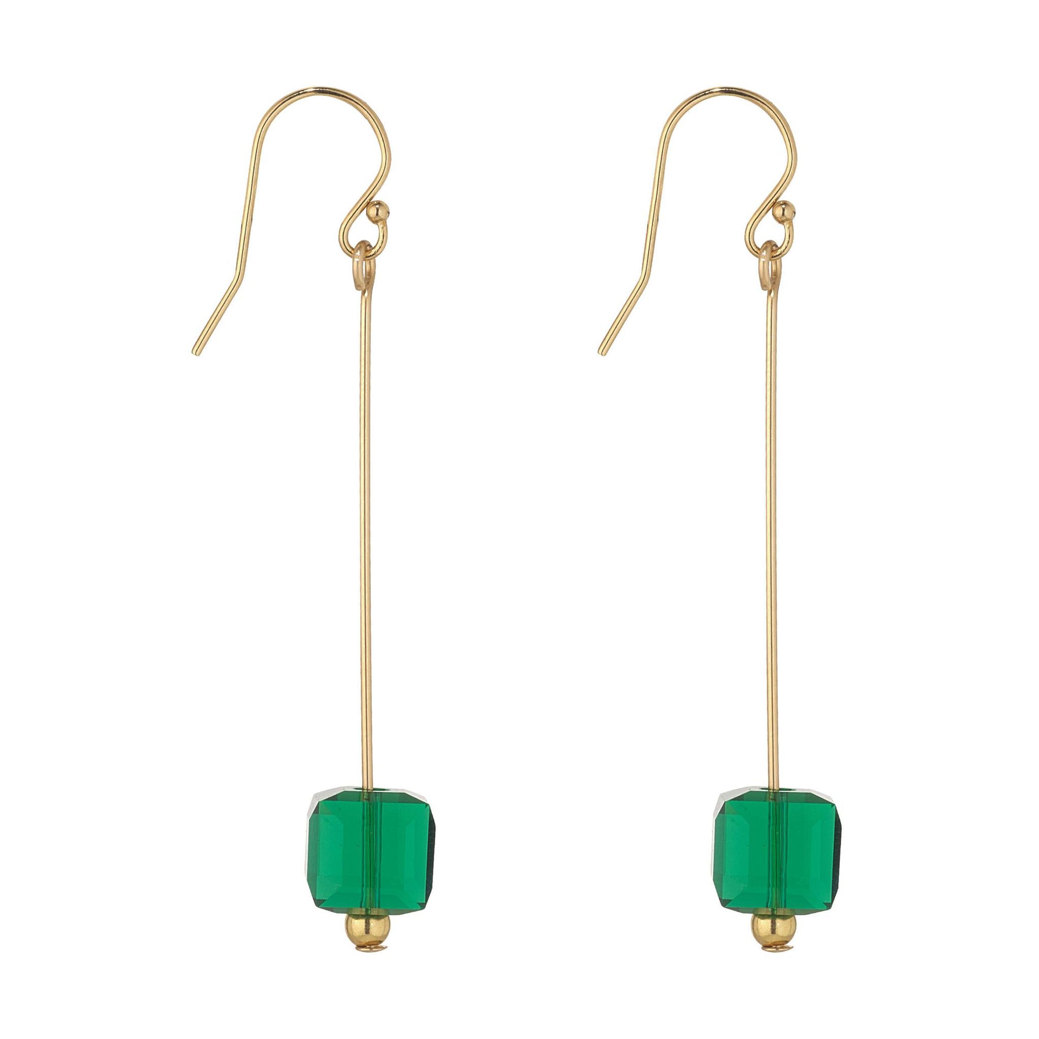 A pair of gold filled pin earrings featuring green crystal cubes.