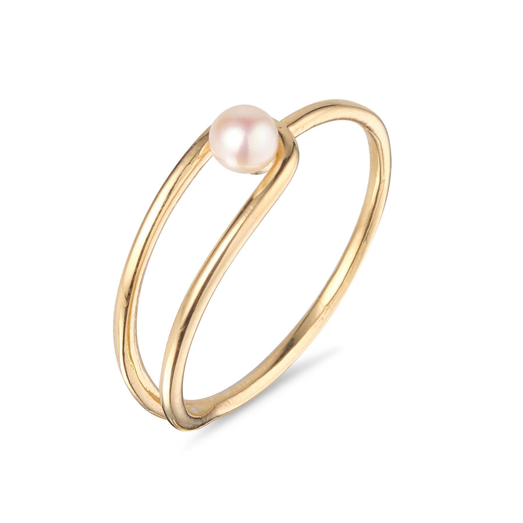 A single 9kt gold ring with a freshwater pearl looped detail, displayed against a white background.