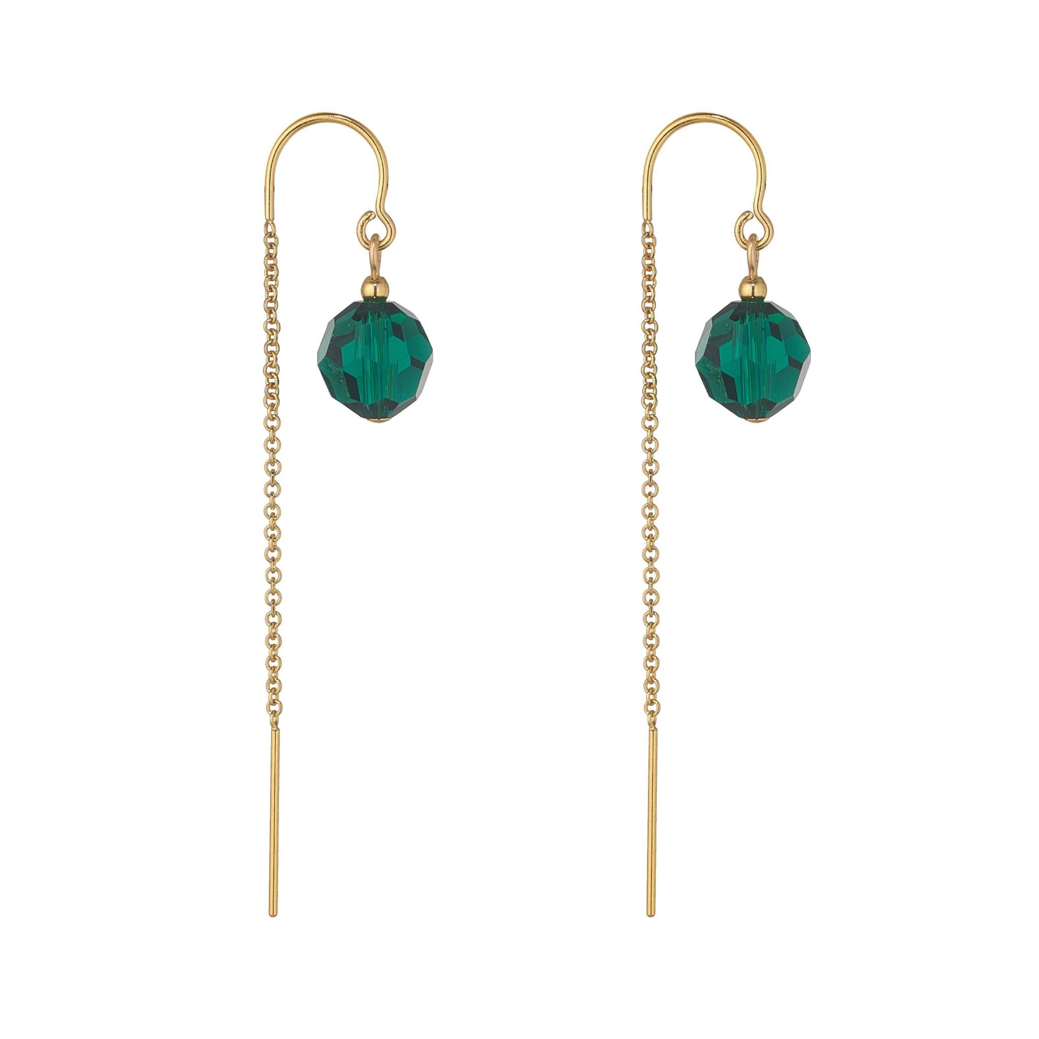 A pair of gold-filled earrings with green globe crystals, designed as half threaders 