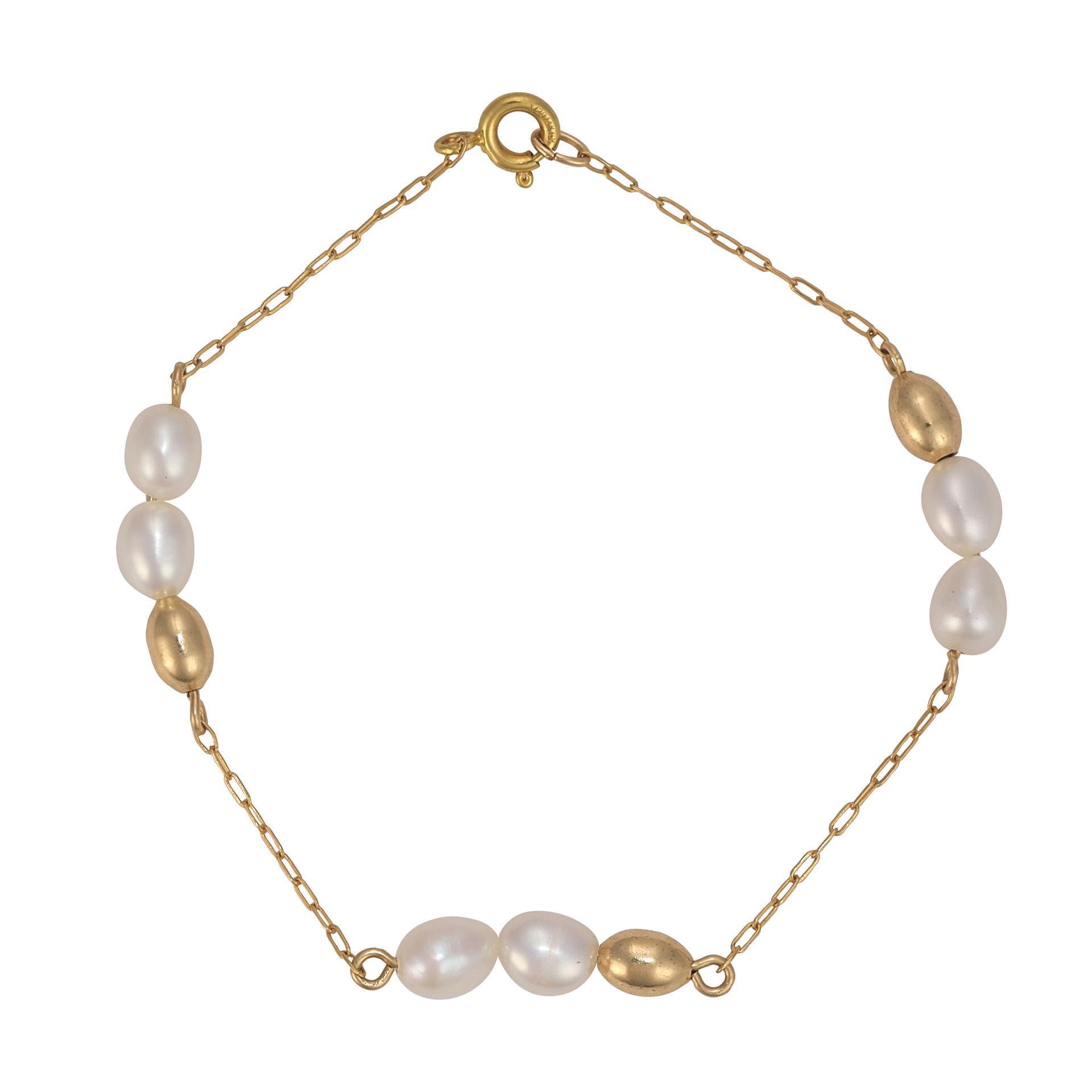 bean and pearl bracelet on gold filled chain