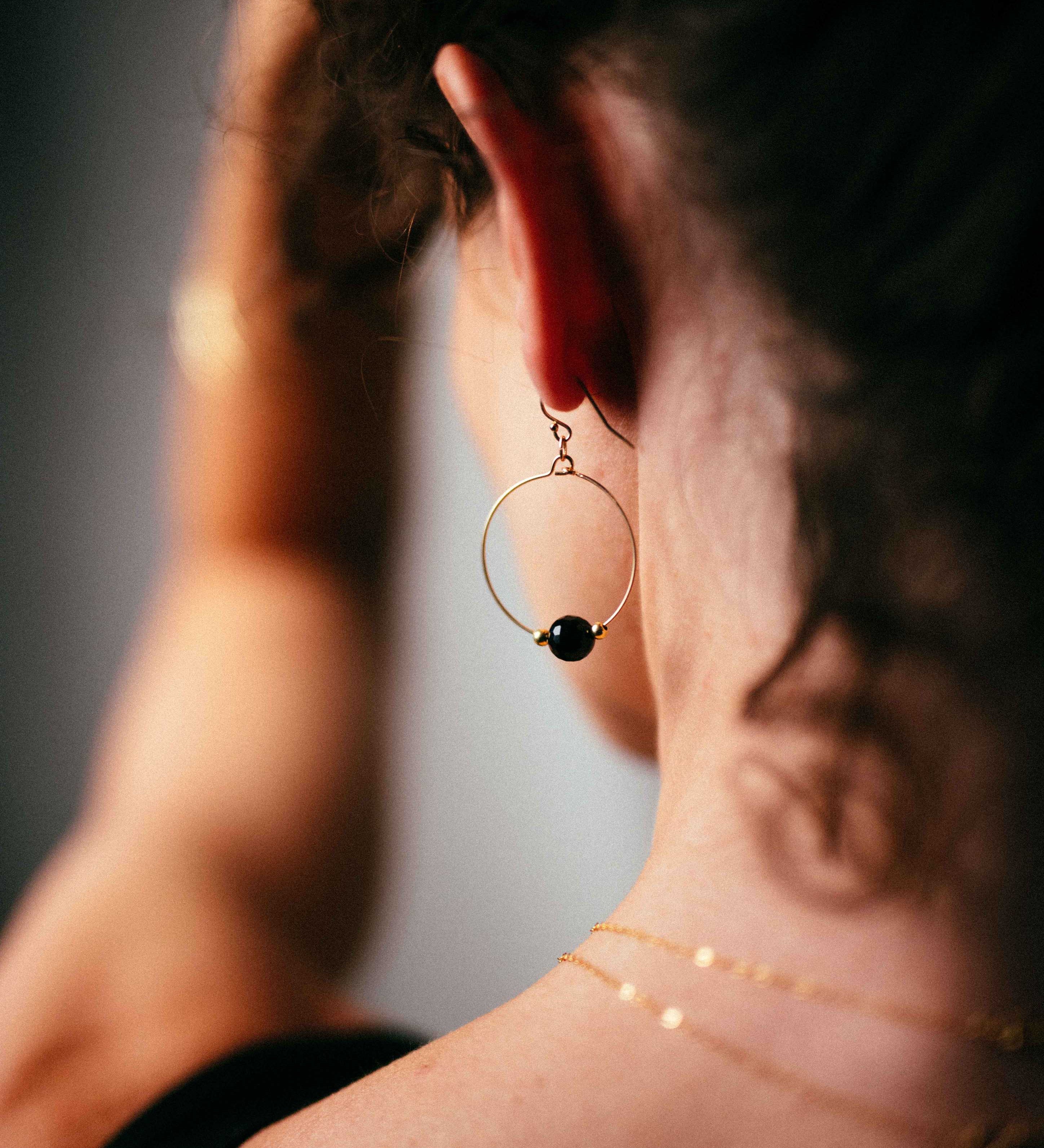 Gold Filled Black Agate Small Hoop Earrings
