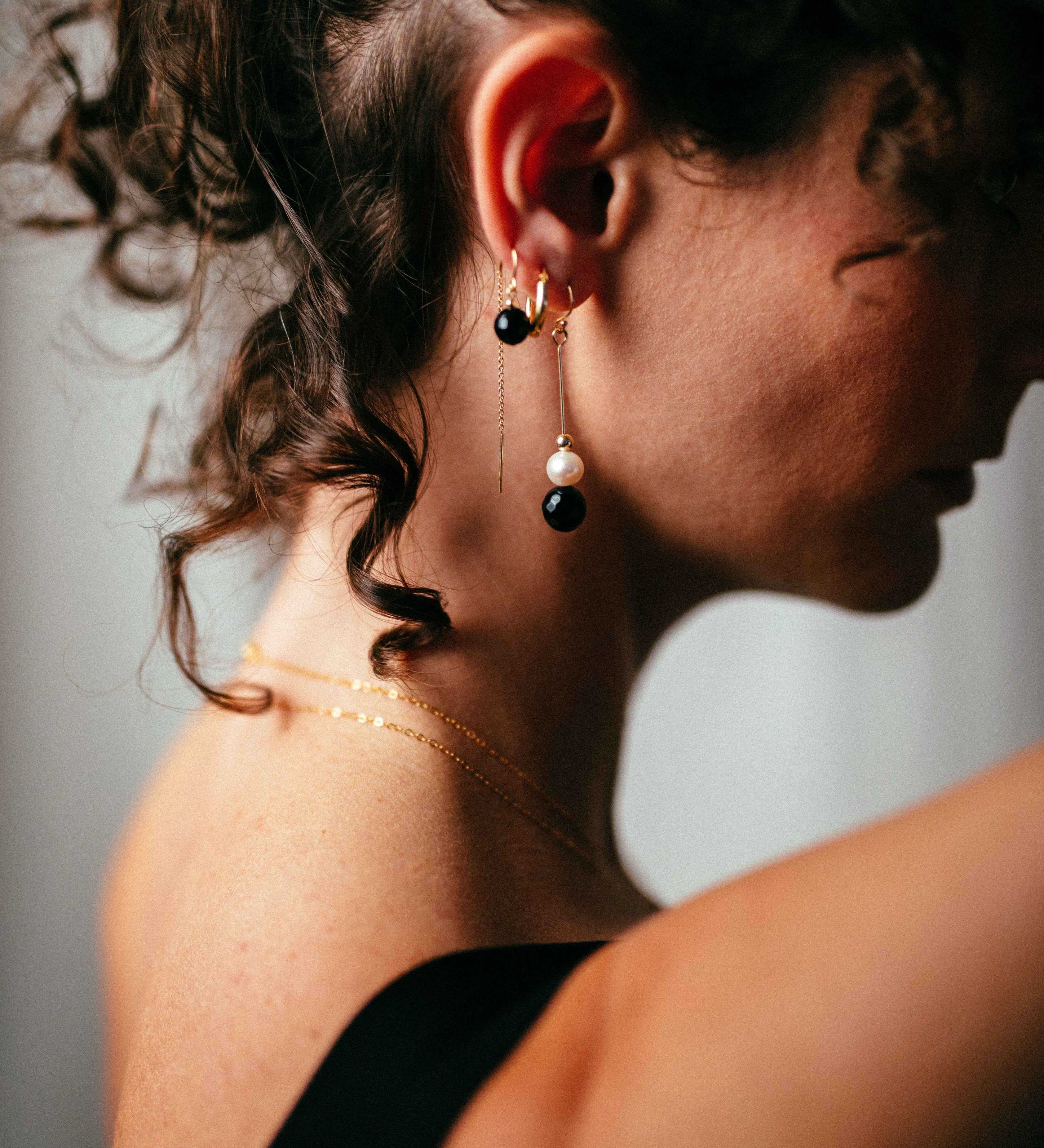 Gold Filled Black Agate Half Threader Earrings