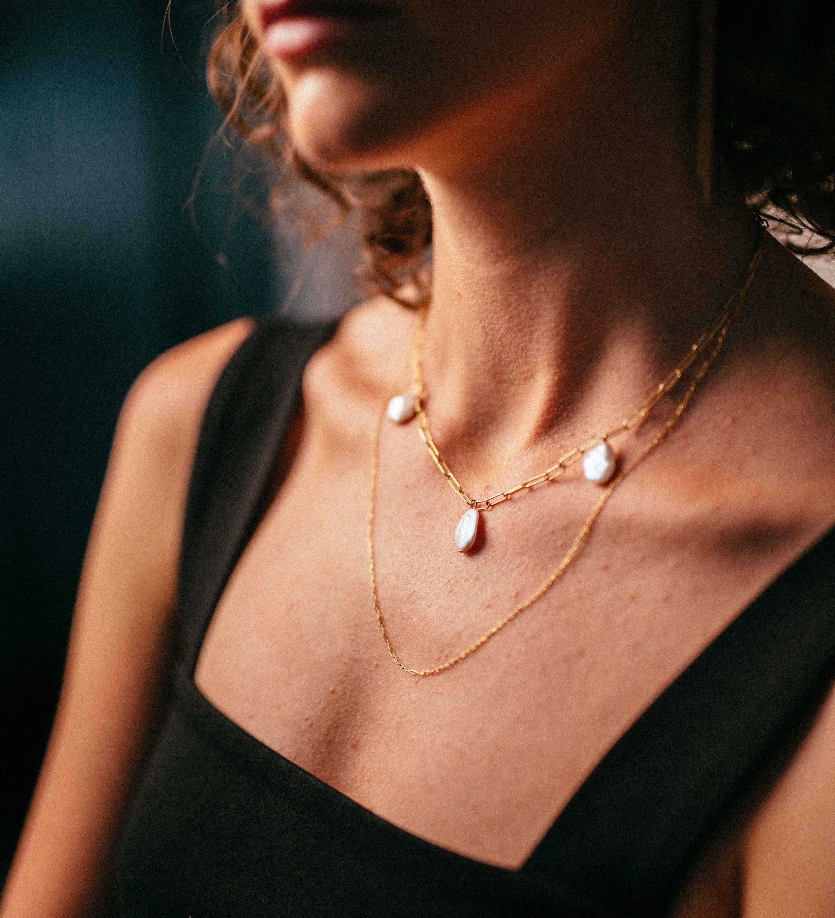 Gold Filled Paperclip & Fine Chain with Flat Baroque Pearl Pendant Necklace