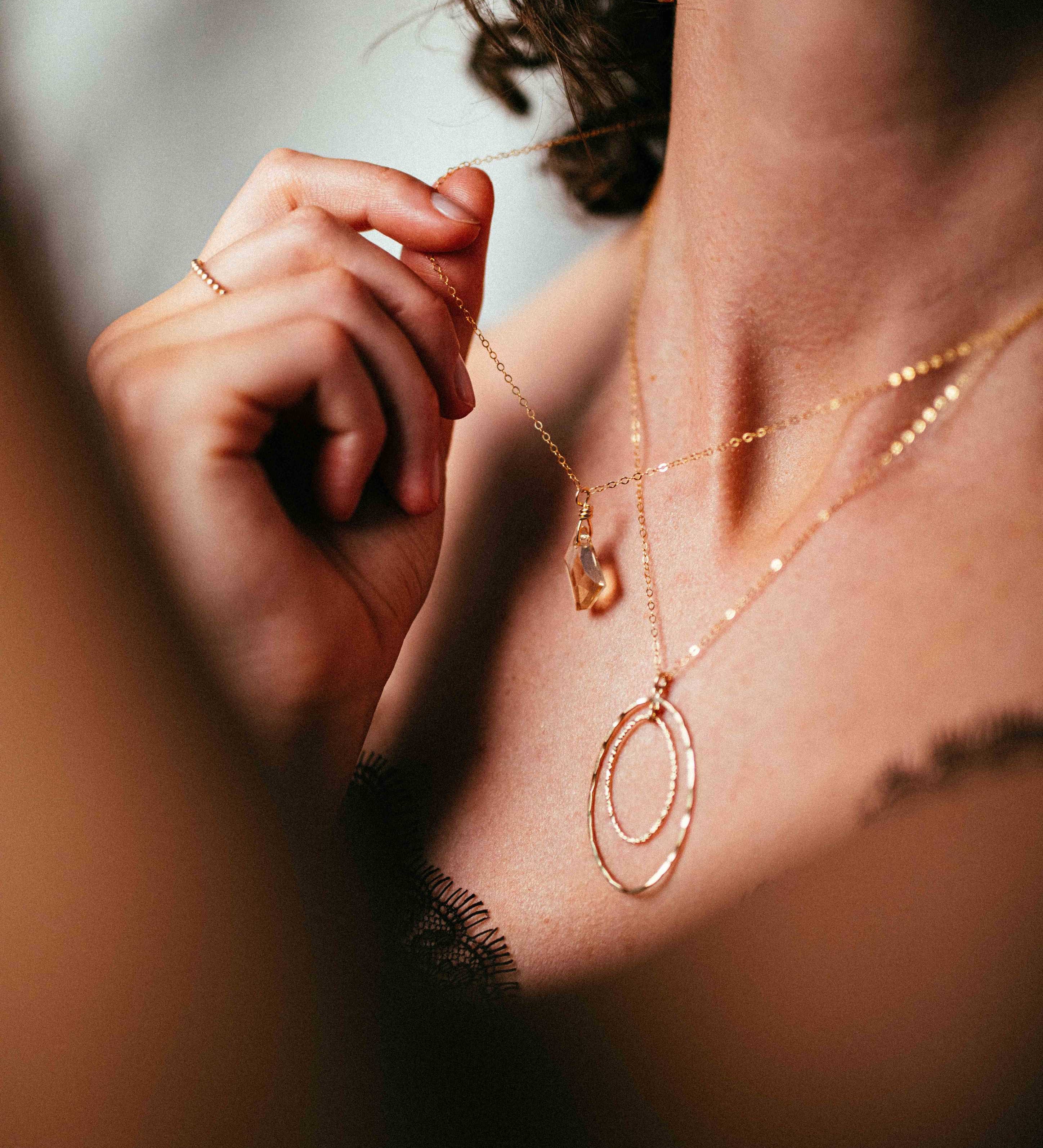 Gold Filled Textured Double Oval Pendant Necklace