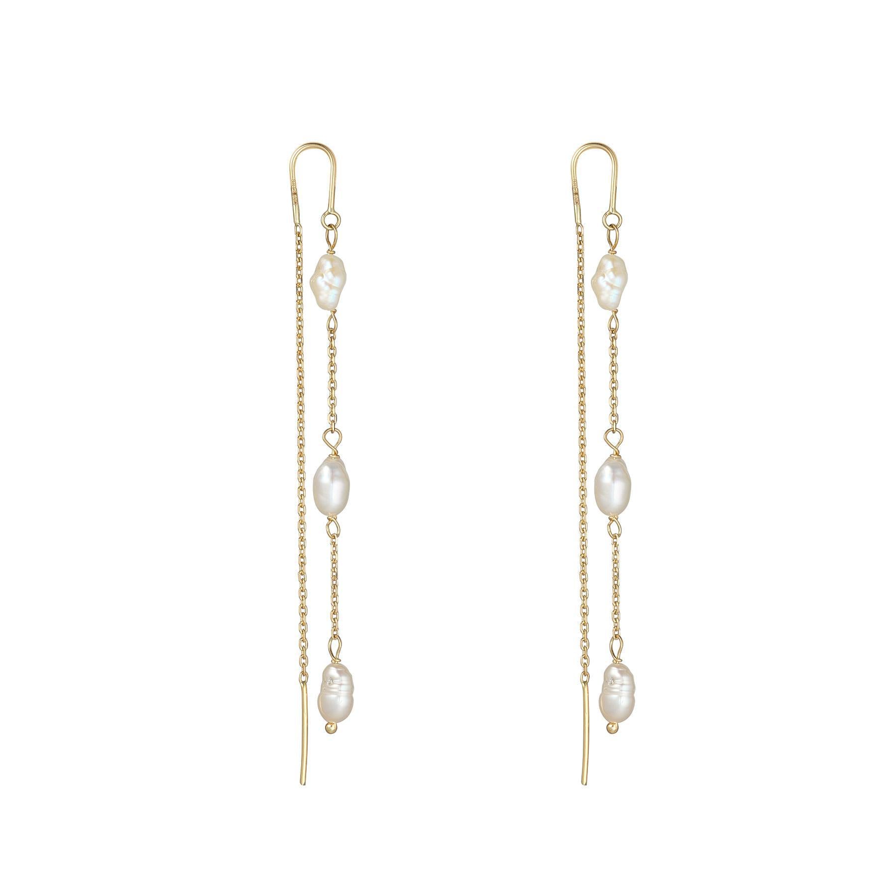 A pair of 9kt gold threader earrings featuring multiple baroque pearls, designed in a vertical drop style.