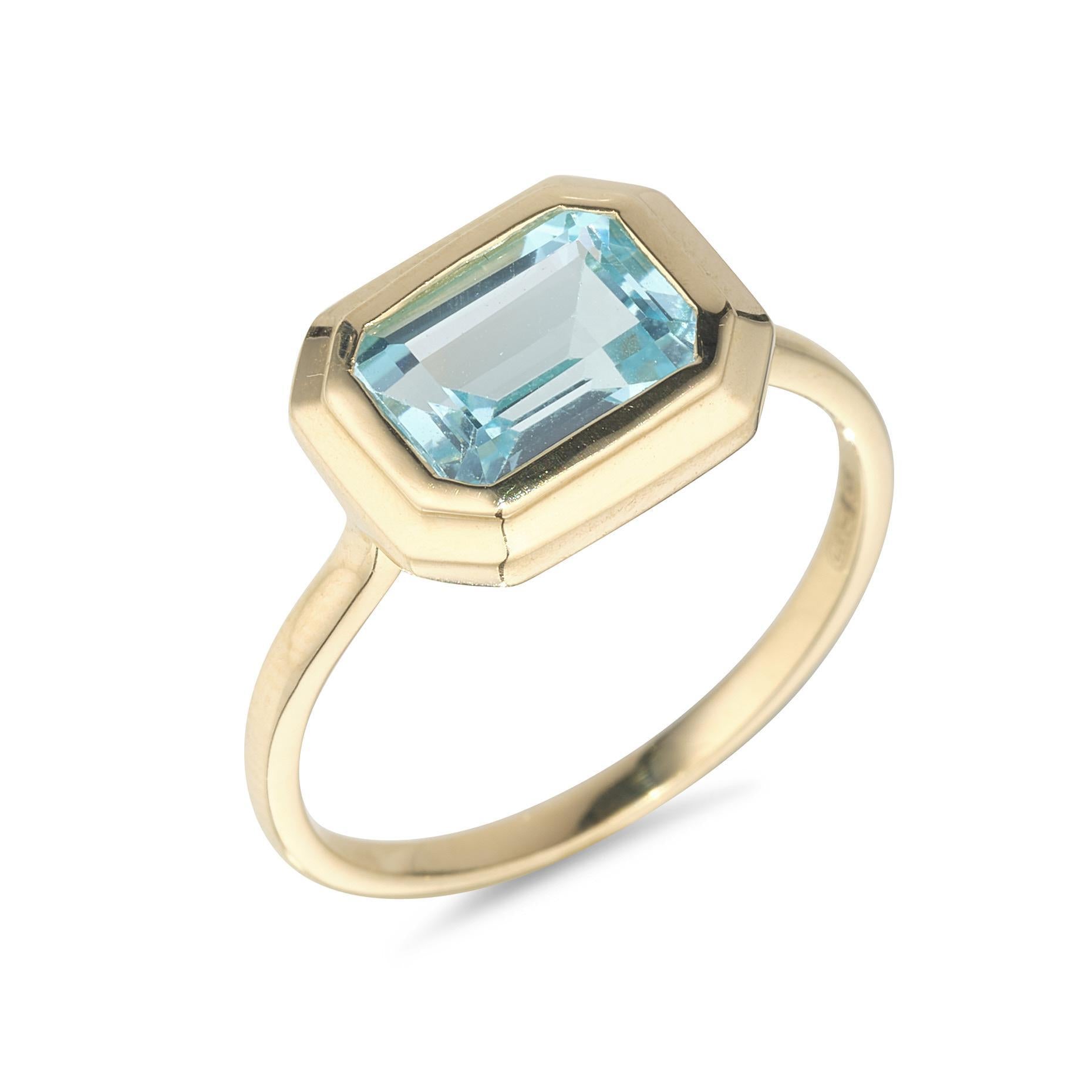 A 9kt yellow gold ring with a sky blue topaz gemstone set in a gold band, designed and hallmarked in Dublin.