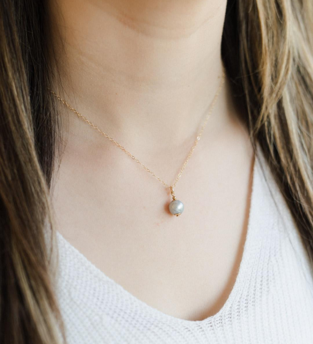 Gold Filled Grey Petite Pearl Pendant Necklace
