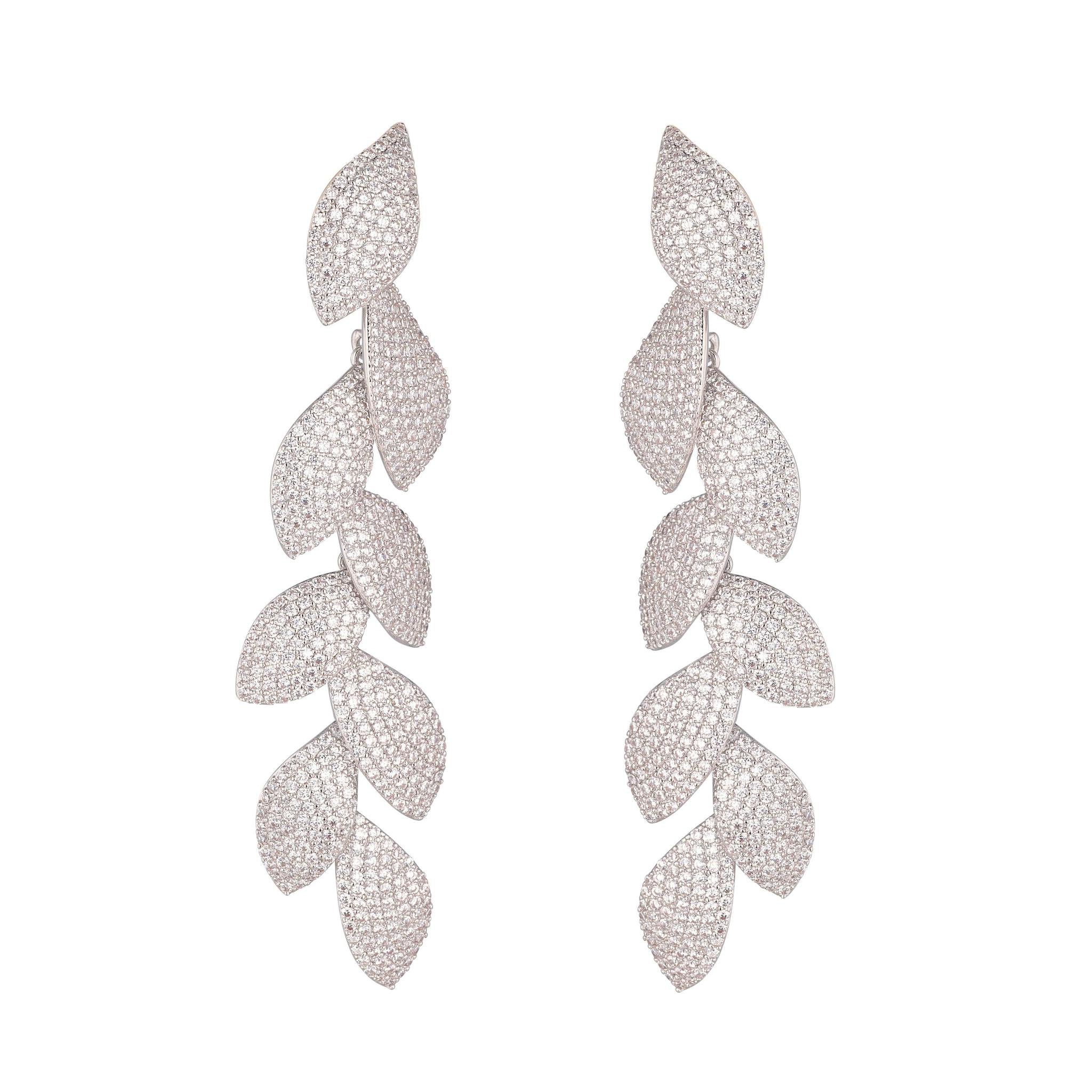 A pair of white willow leaf-shaped drop earrings with rhodium plating and cubic zirconia stones.