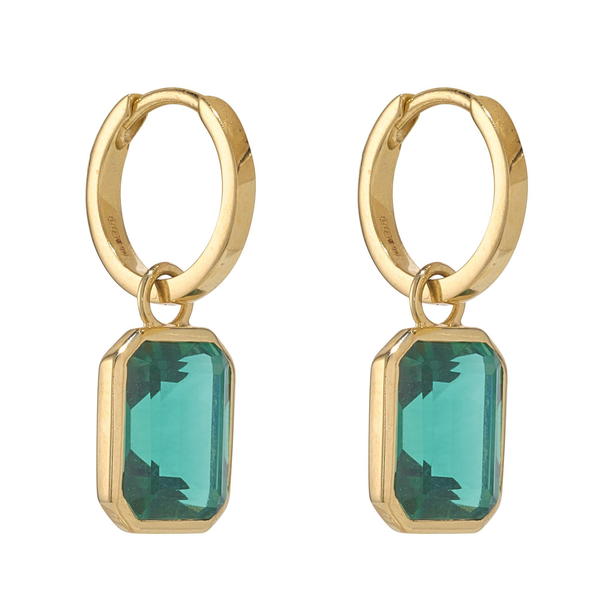 9kt Gold hoop earrings with green quartz gemstone drops