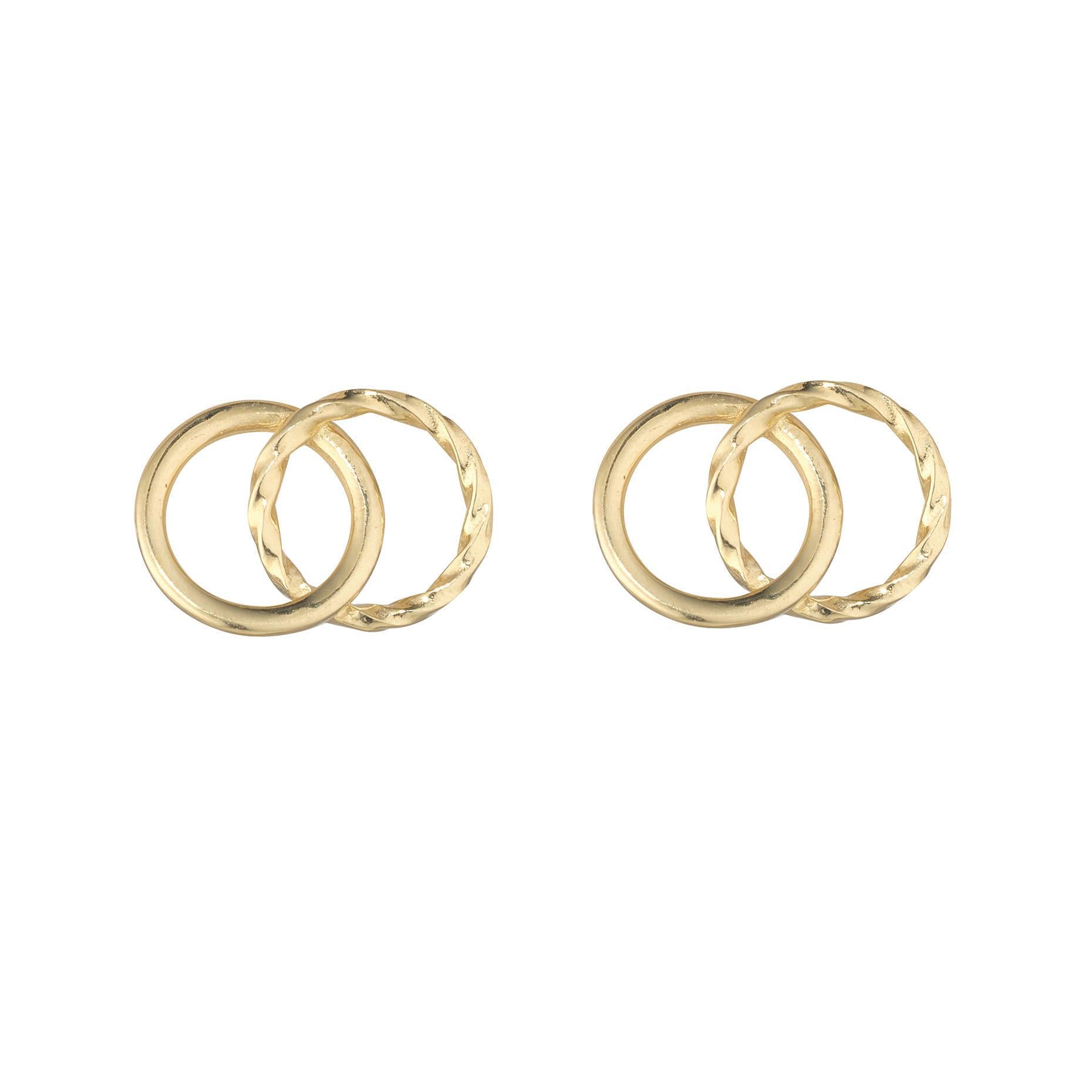 A pair of 9kt gold stud earrings featuring two interlocking circles with one polished finish and the other hammered.