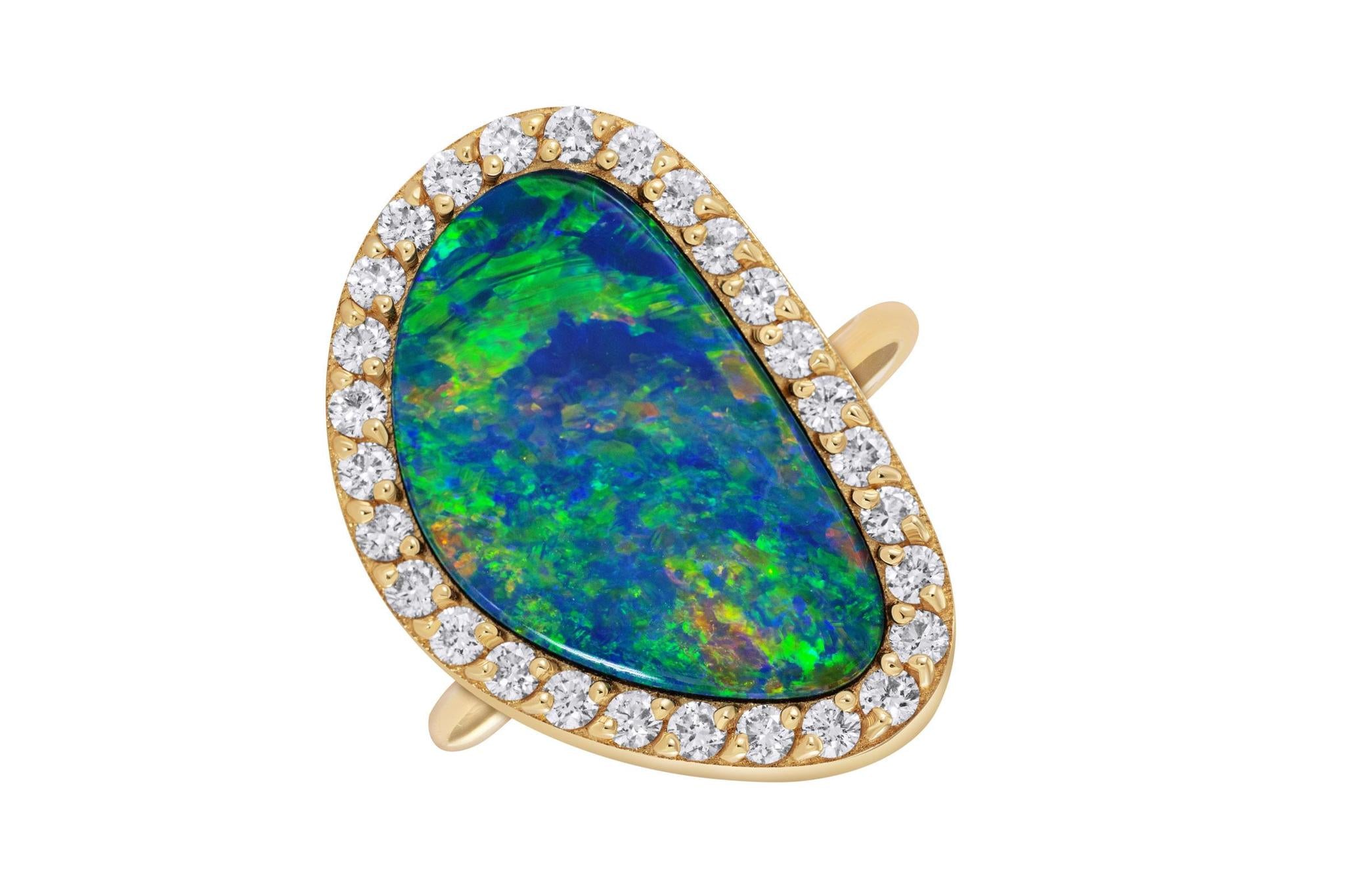 Irregular 7.33ct Opal & Diamond Ring in 18kt Yellow Gold - 'Night Sky'