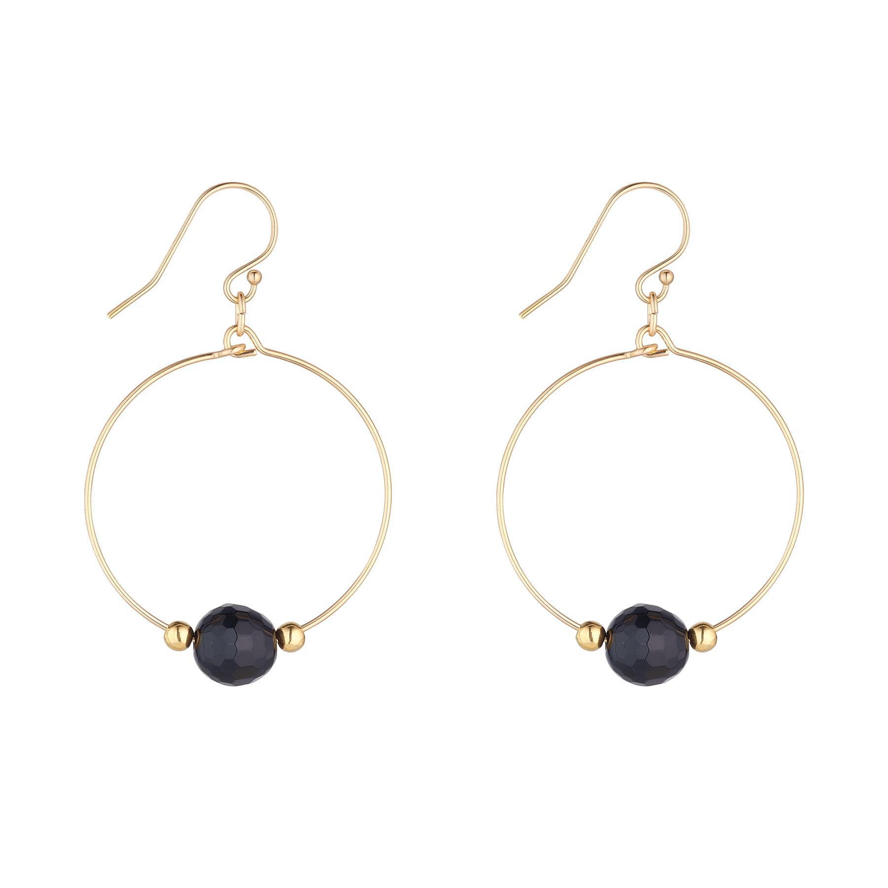 A pair of gold-filled hoop earrings with black agate beads 
