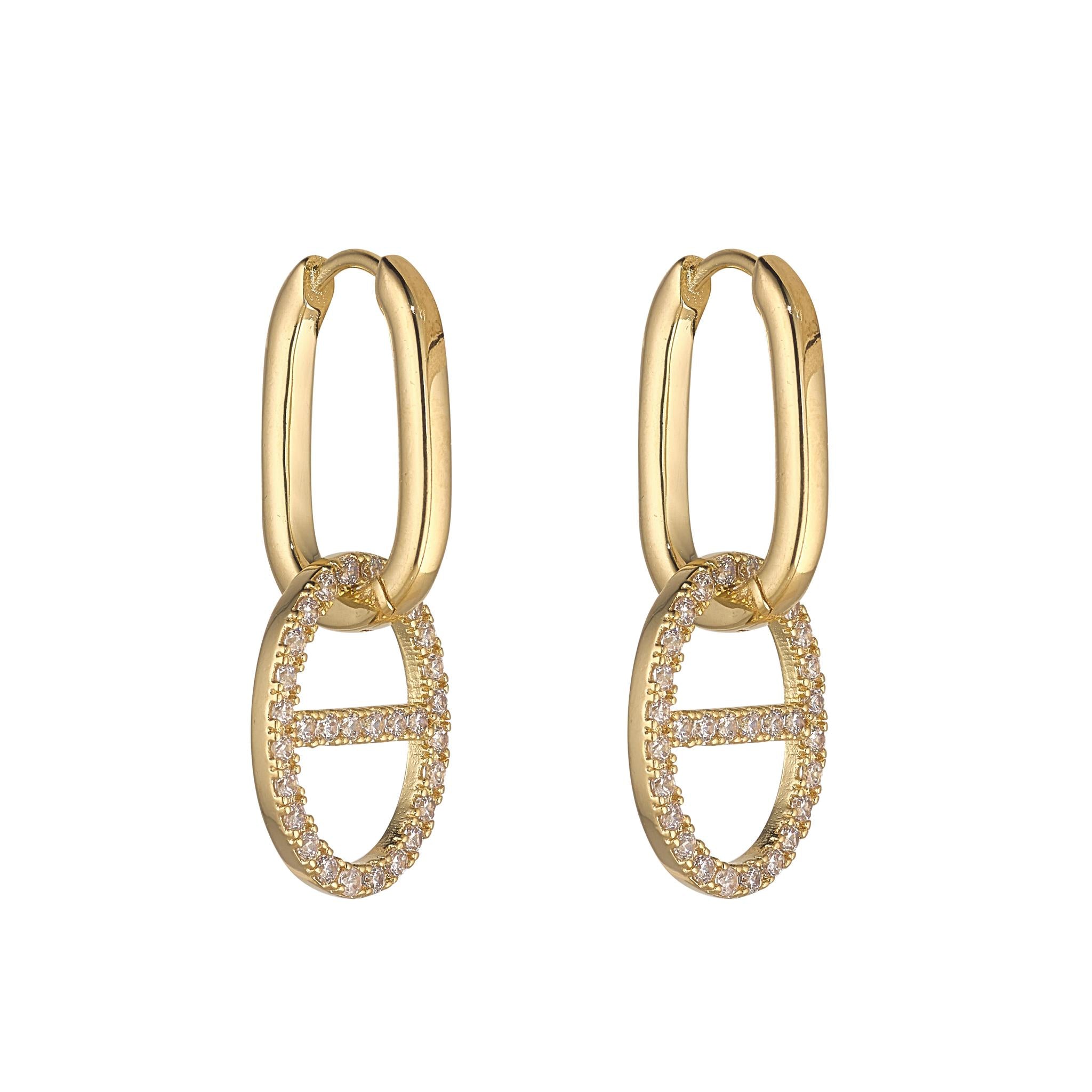 A pair of gold-filled earrings with cubic zirconia in a mariner drop, and cz can be removed 