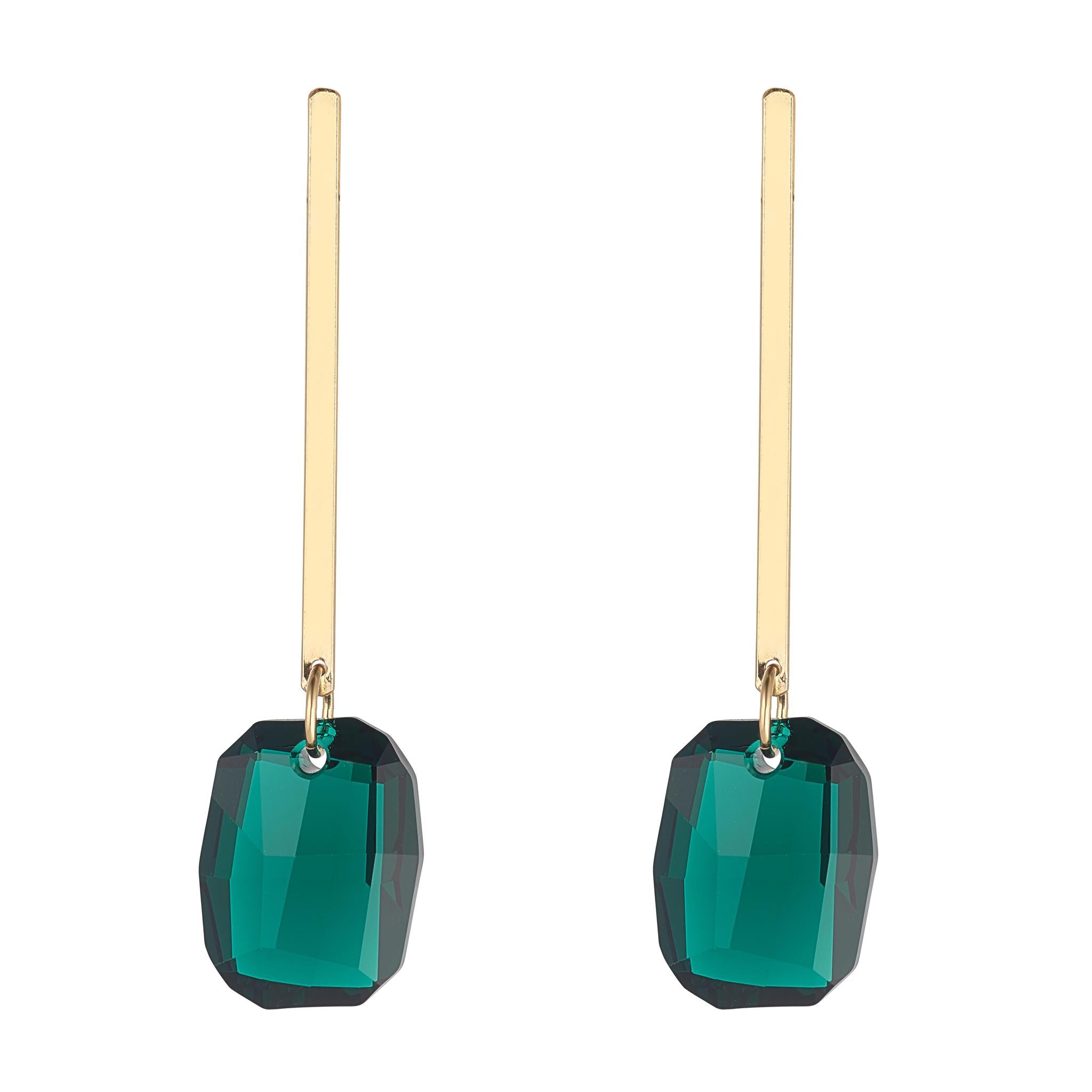 A pair of gold-filled drop earrings with a flat bar design and green graphic crystal elements.