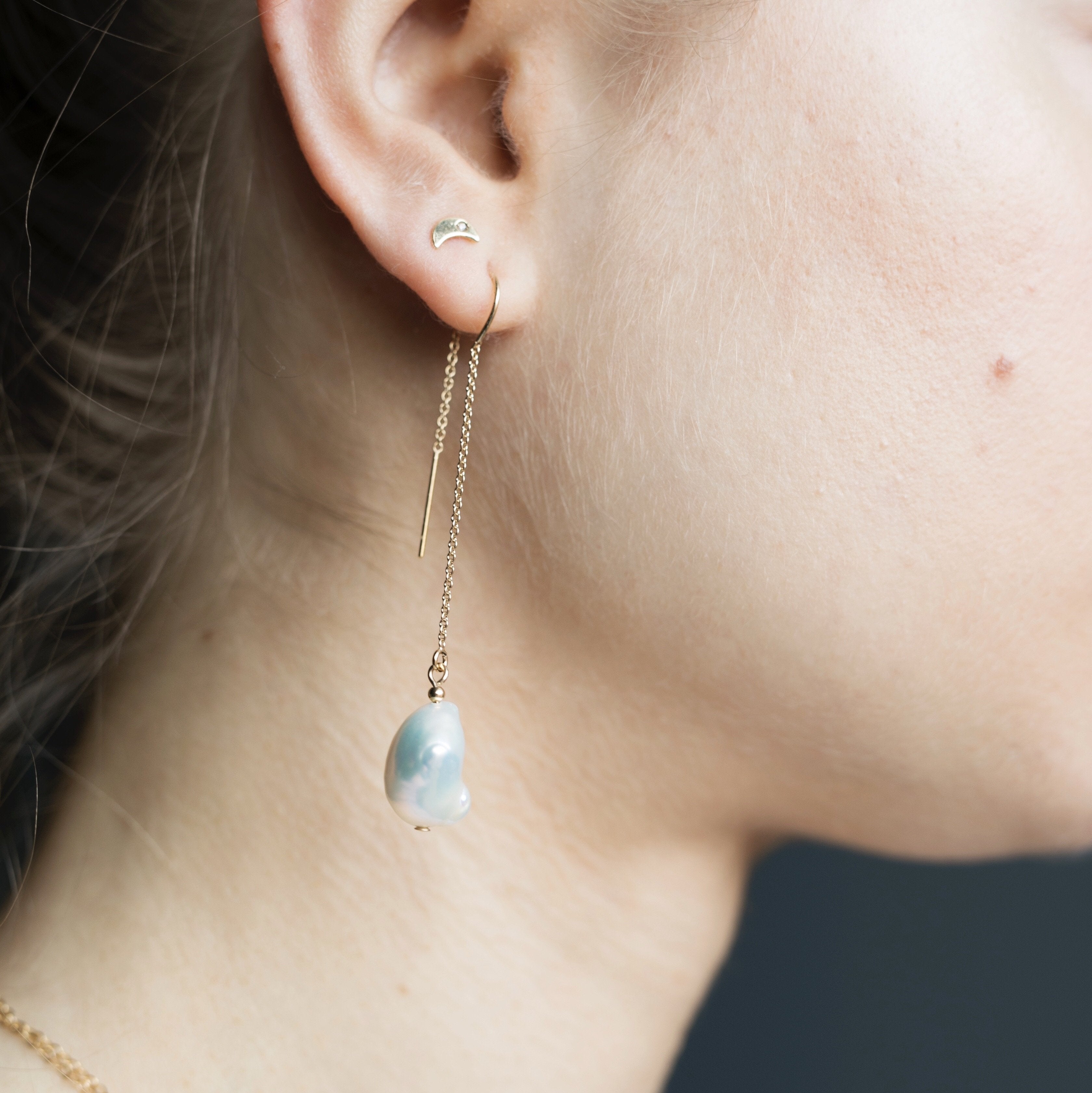 Gold filled baroque pearl full threader earrings