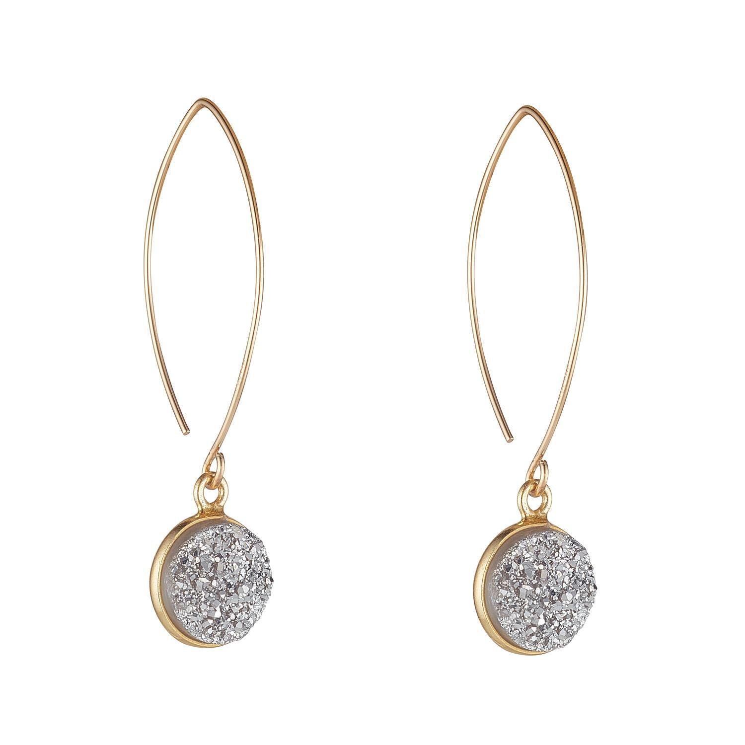 A pair of gold filled druzy quartz oval open earrings with long oval hooks and round silver druzy quartz drops.