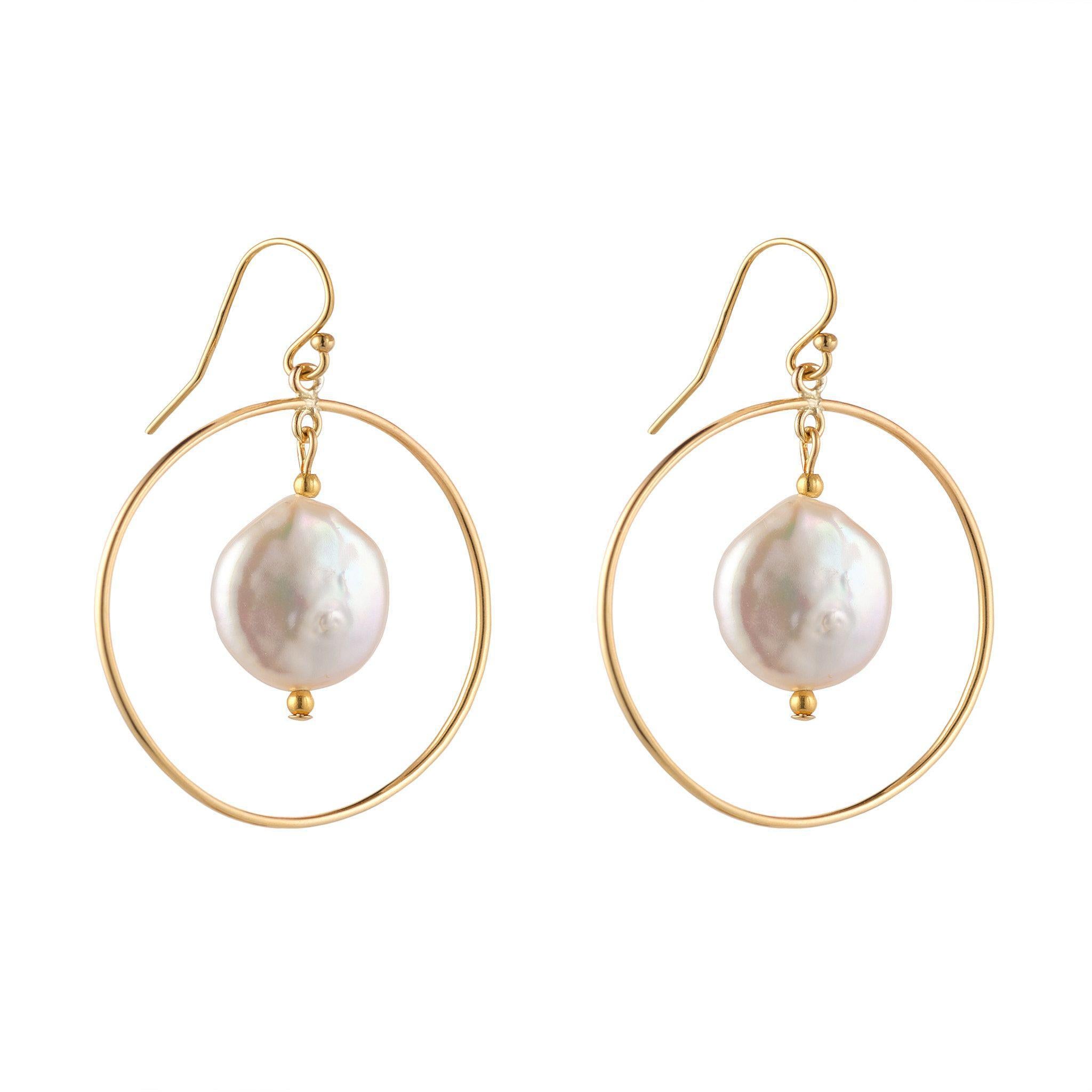 A pair of gold-filled round chandelier coin pearl earrings with a gold hoop and pearl center.