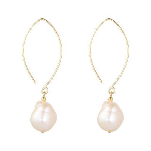 A pair of gold filled oval open earrings with baroque pearls.