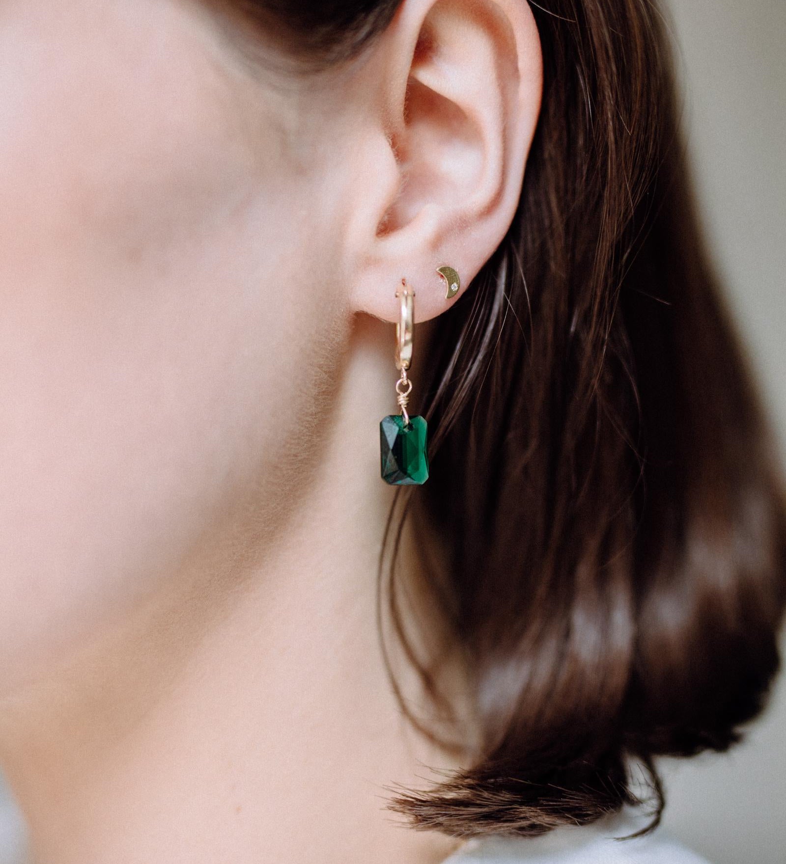 Gold Filled 11mm Emerald Cut Green Crystal Clip Hoop Earrings ** discon**