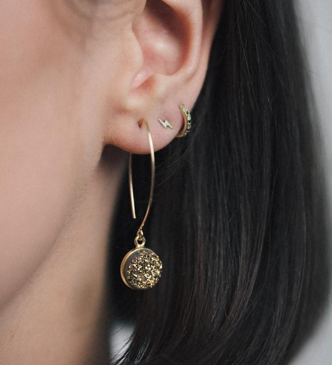 Gold Filled Druzy Quartz Oval Open Earrings (Yellow gold colour)