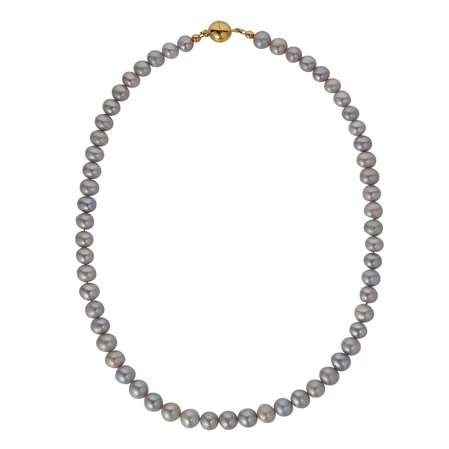 A gold-plated magnetic clasp necklace with freshwater grey pearls.