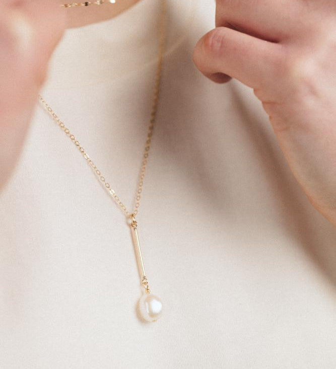 Gold Filled Bar & Baroque Pearl Pendant Necklace