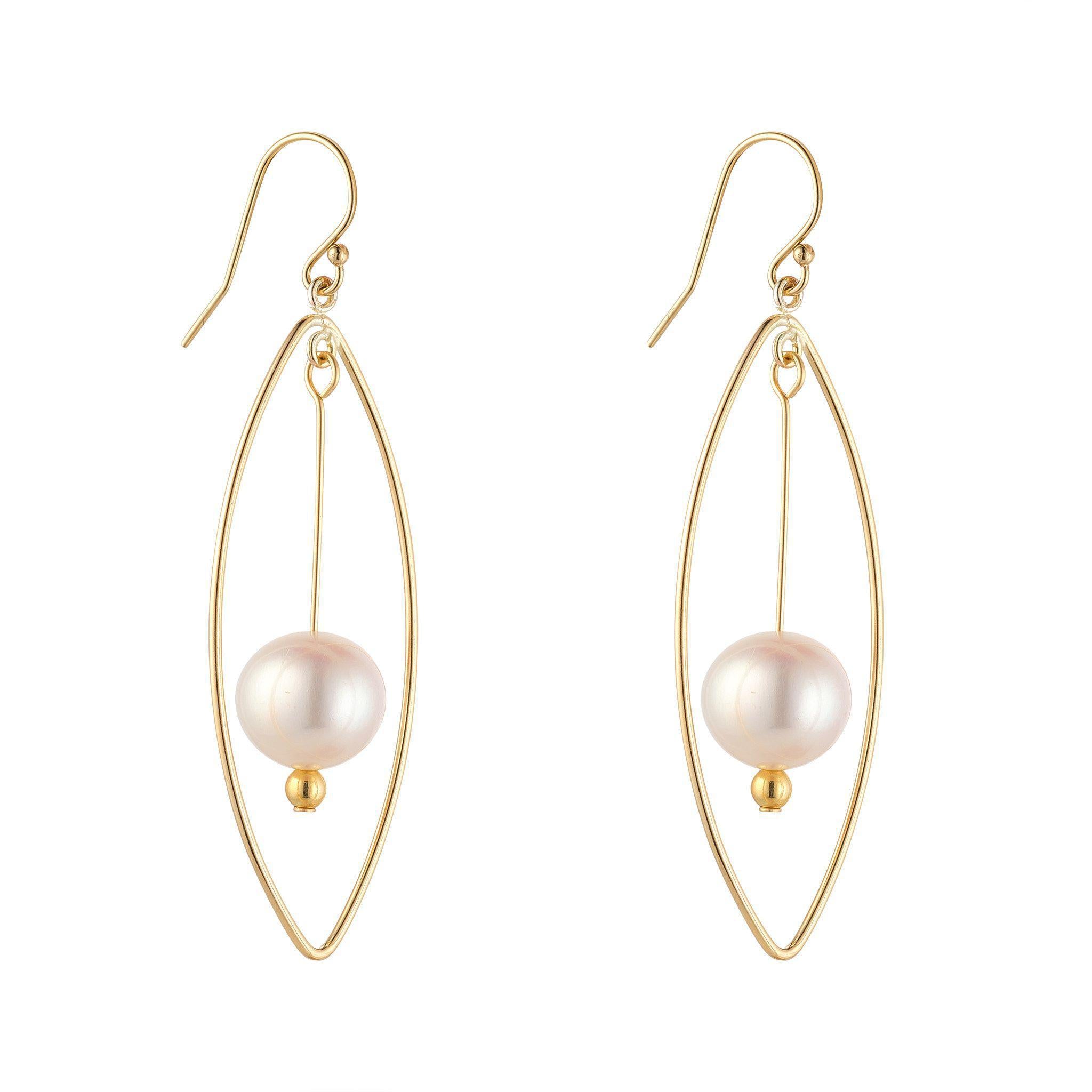 A pair of gold-filled oval chandelier earrings with round fresh water pearls