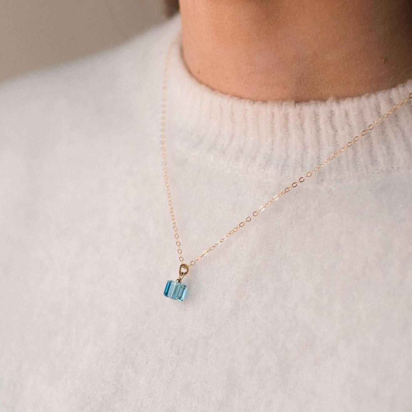 Gold Filled Aquamarine Cube Crystal Pendant Necklace