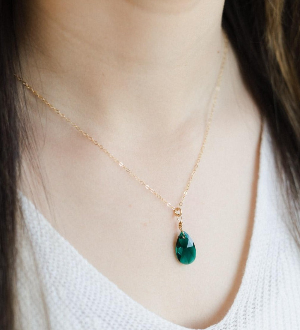 Gold Filled Emerald Green Crystal Teardrop Pendant Necklace