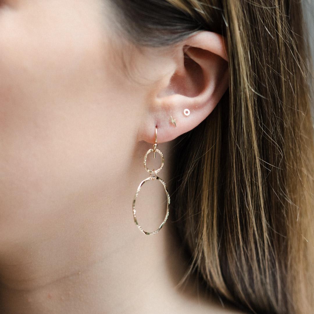 A pair of gold filled double circle molten drop earrings.