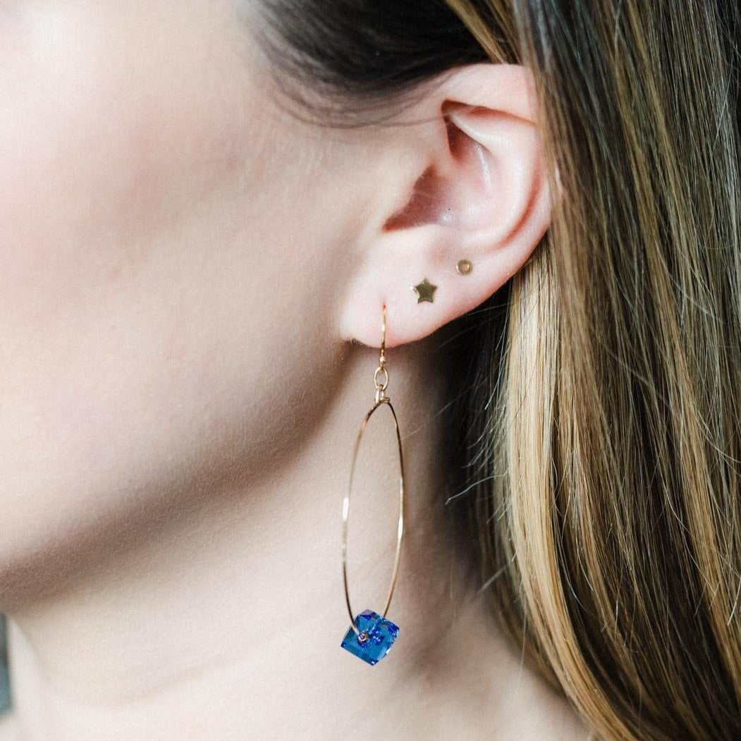 Gold Filled Royal Blue Crystal Cube Hoop Earrings