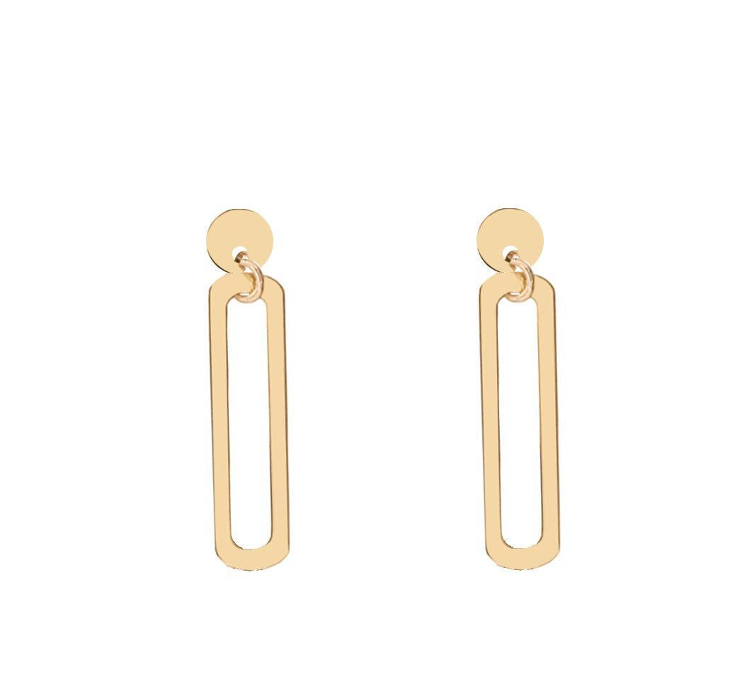 A pair of 9kt gold small open rectangle drop earrings.