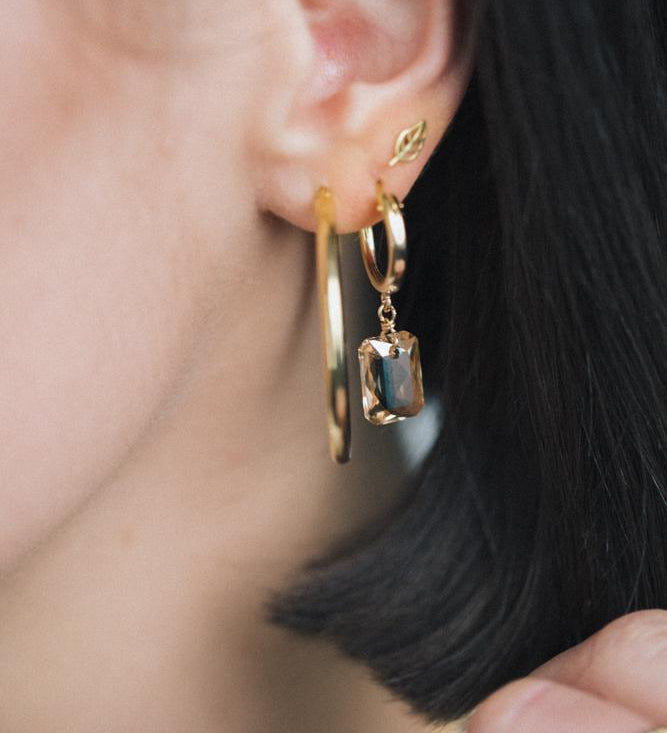 Gold Filled Clip Hoop with Golden Shadow 11mm emerald cut crystal