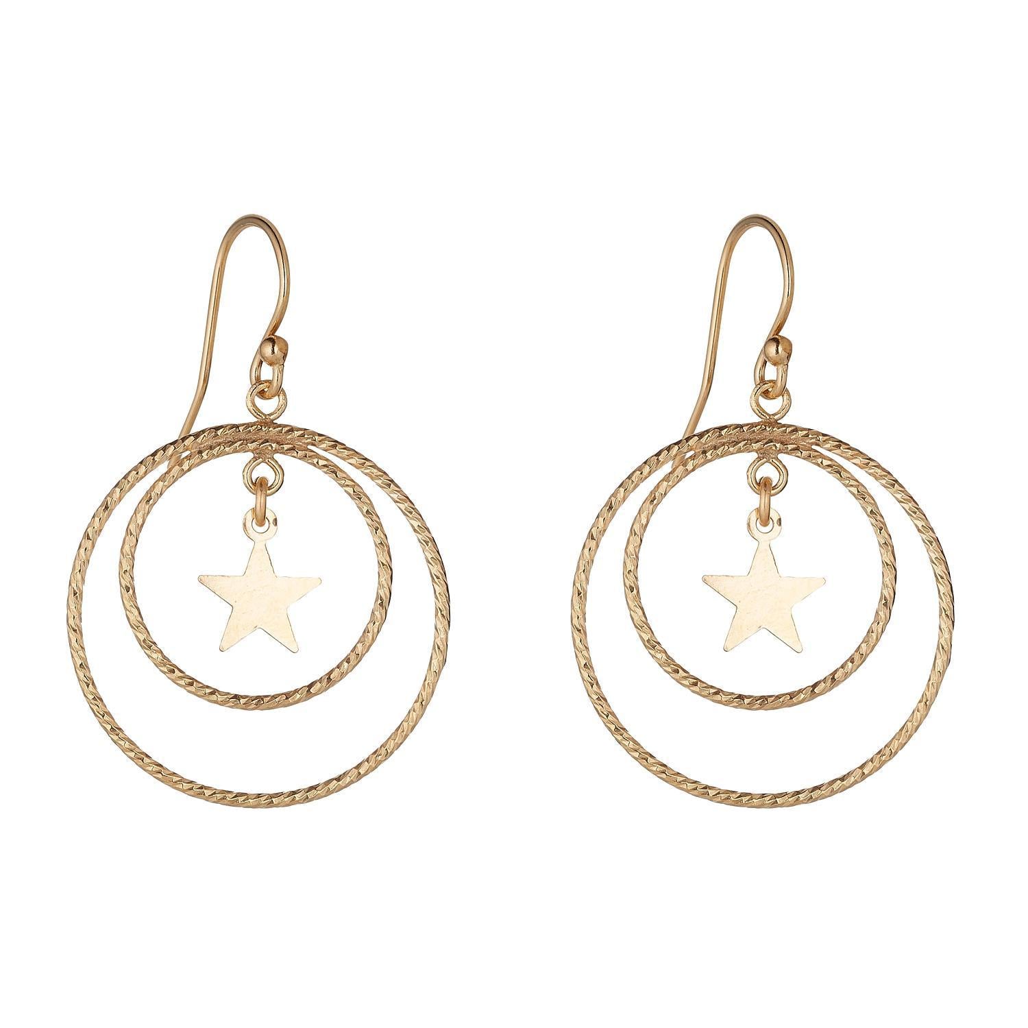 A pair of gold filled star textured double hoop earrings.